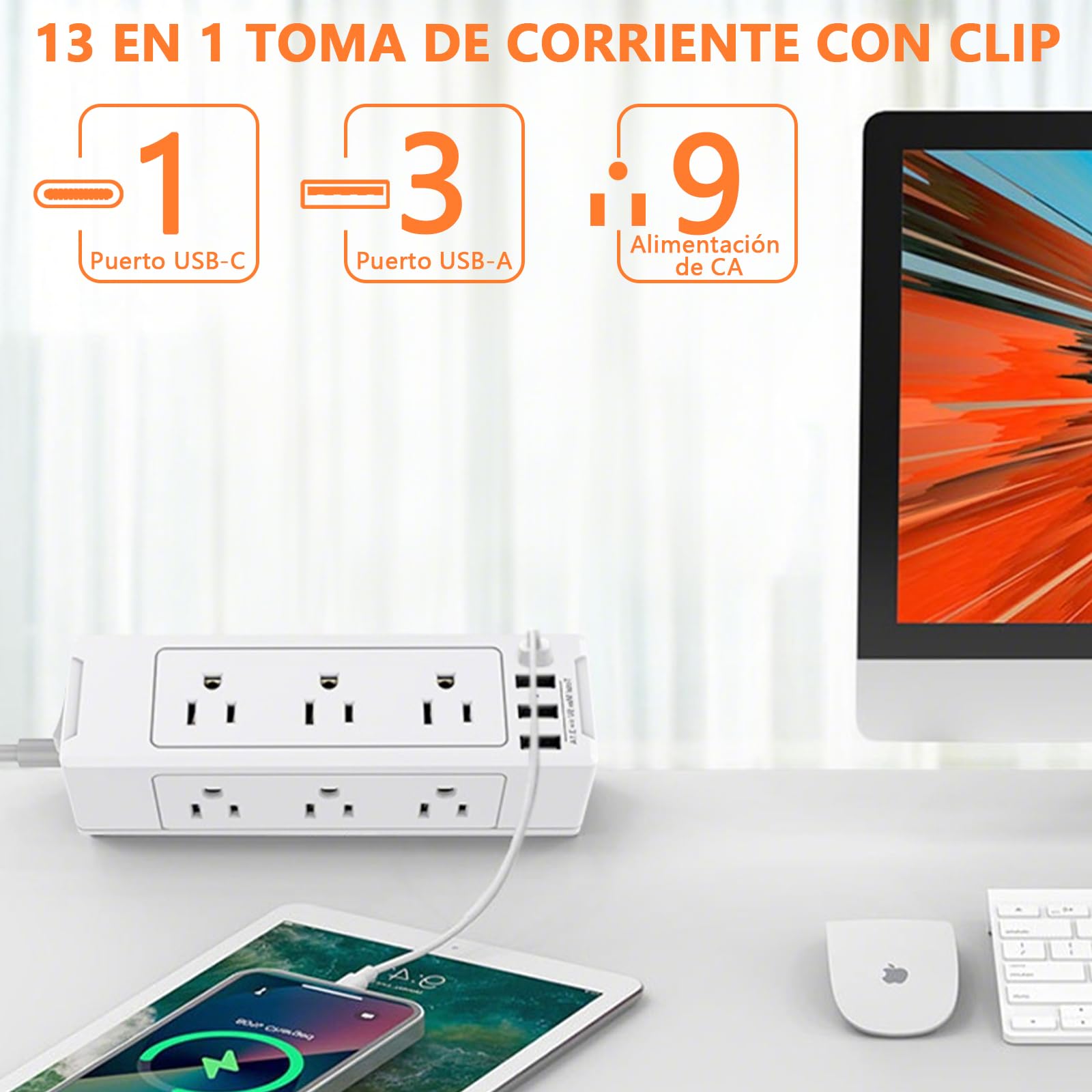 TDVCVZSD 13 en 1 Regleta con Clip para Escritorio, Protector contra sobretensiones USB-C con 9 Salidas de CA y 4 USB (1 USB C), Cable de Enchufe Plano 1,8 m para Dormitorio, casa, Oficina