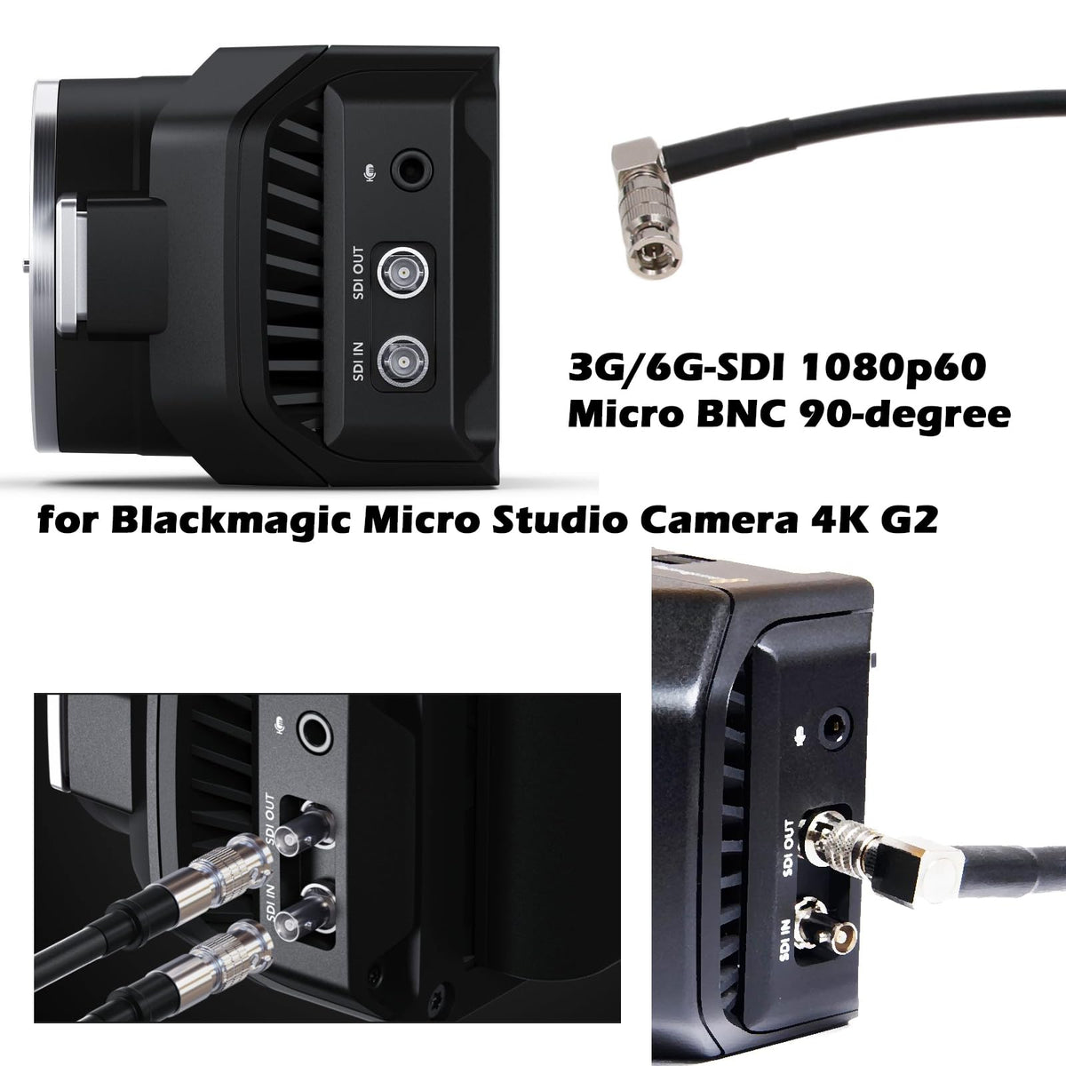Cable de Video SDI 6G HangTon Negro Ángulo Recto HD para Monitor Blackmagic Video Assist 4K de 5 Pulgadas 4096x2160p @30