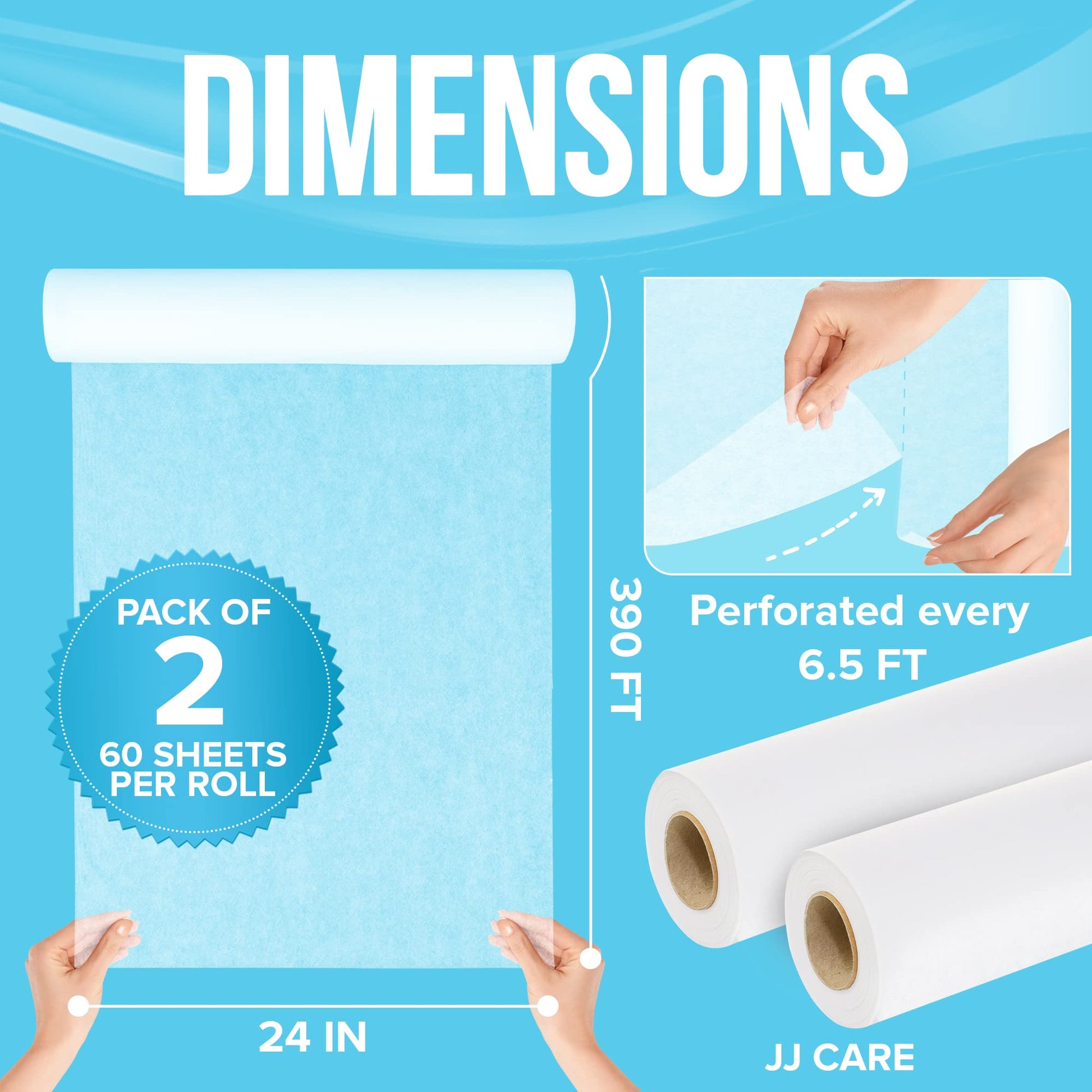 JJ CARE Disposable Massage Table Sheets - 120 Sheets [24" x 390 feet, 2 Roll] - 50% Thicker Perforated Massage Bed Cover, Non-Woven Disposable Roll for Massage Table for Waxing, Facial, Tattoo, & Spa