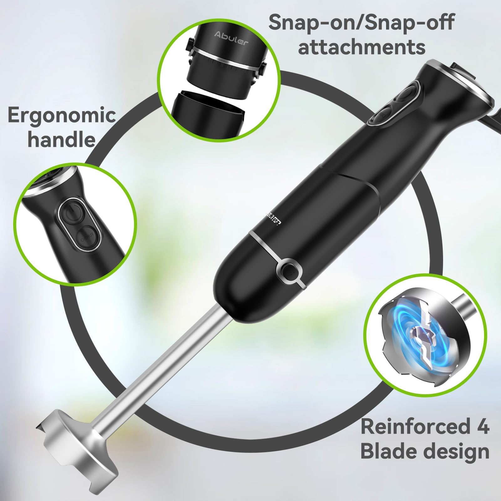 Batidora de mano de mano de 1000 W, mezclador de mano 5 en 1, sin BPA, licuadora de mano de 12 velocidades 304, acero inoxidable, mezclador, picador, batidor, espumador de leche, sopa, batidos,