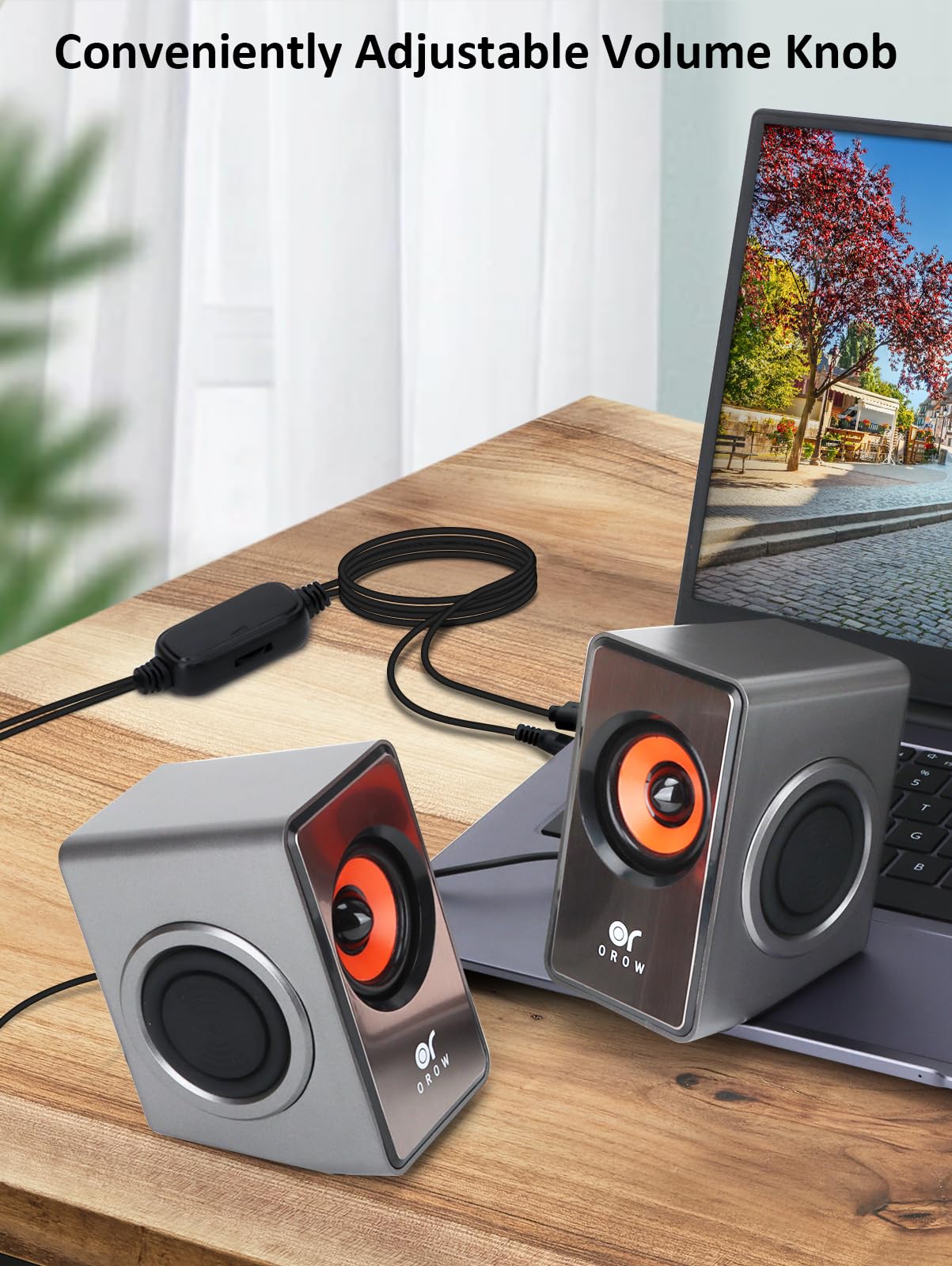 OROW - Altavoces para computadora, mini altavoz de computadora de 12 W con control de volumen, altavoz AUX de 3,5 mm, altavoces USB alimentados para portátiles, ideales para PC/Monitor/Mac/iMac