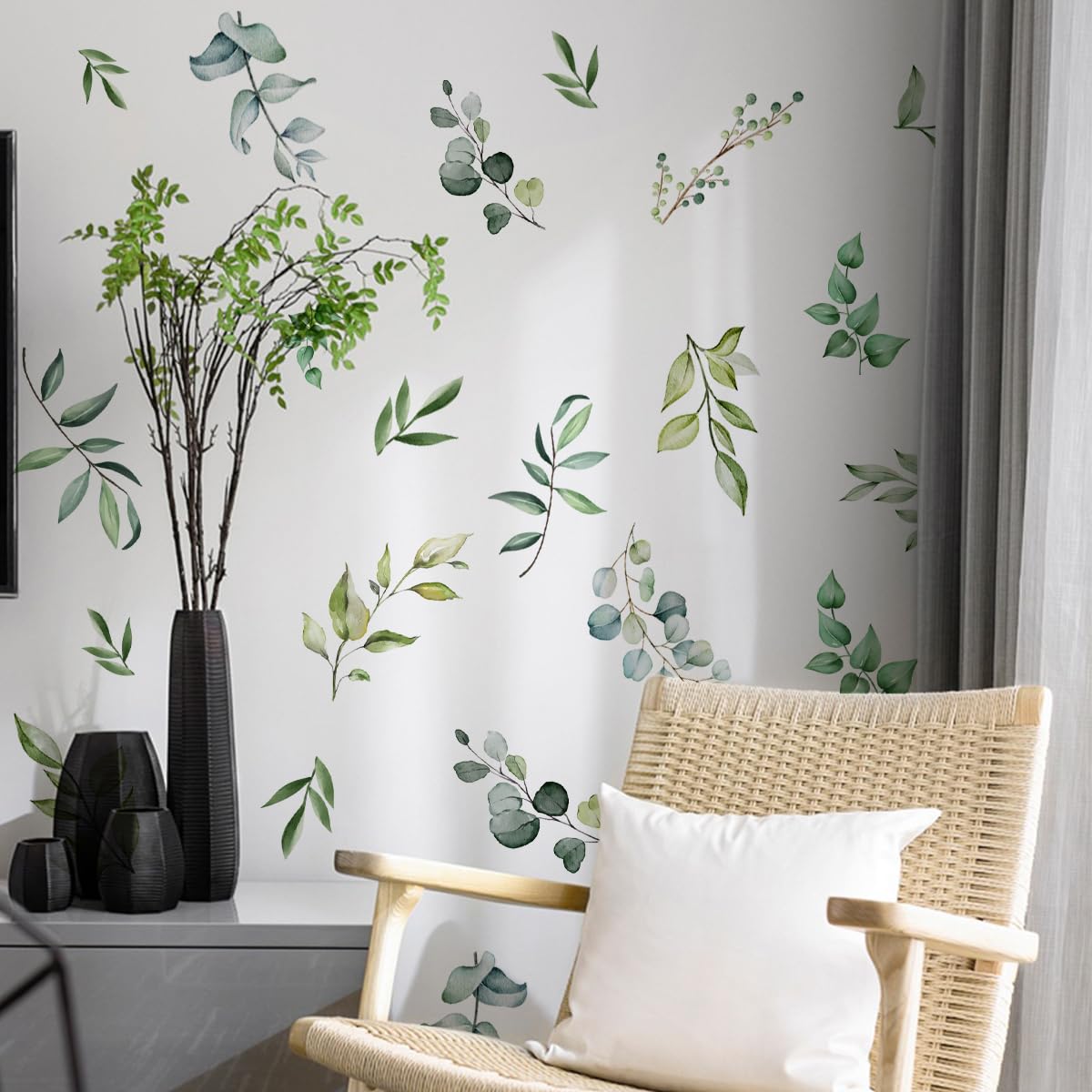 Calcomanías de pared de plantas verdes, calcomanías de pared de hojas, calcomanías de vinilo extraíbles, calcomanías de pared de hojas verdes botánicas, para recámara, fondo de pared, sala de estar,