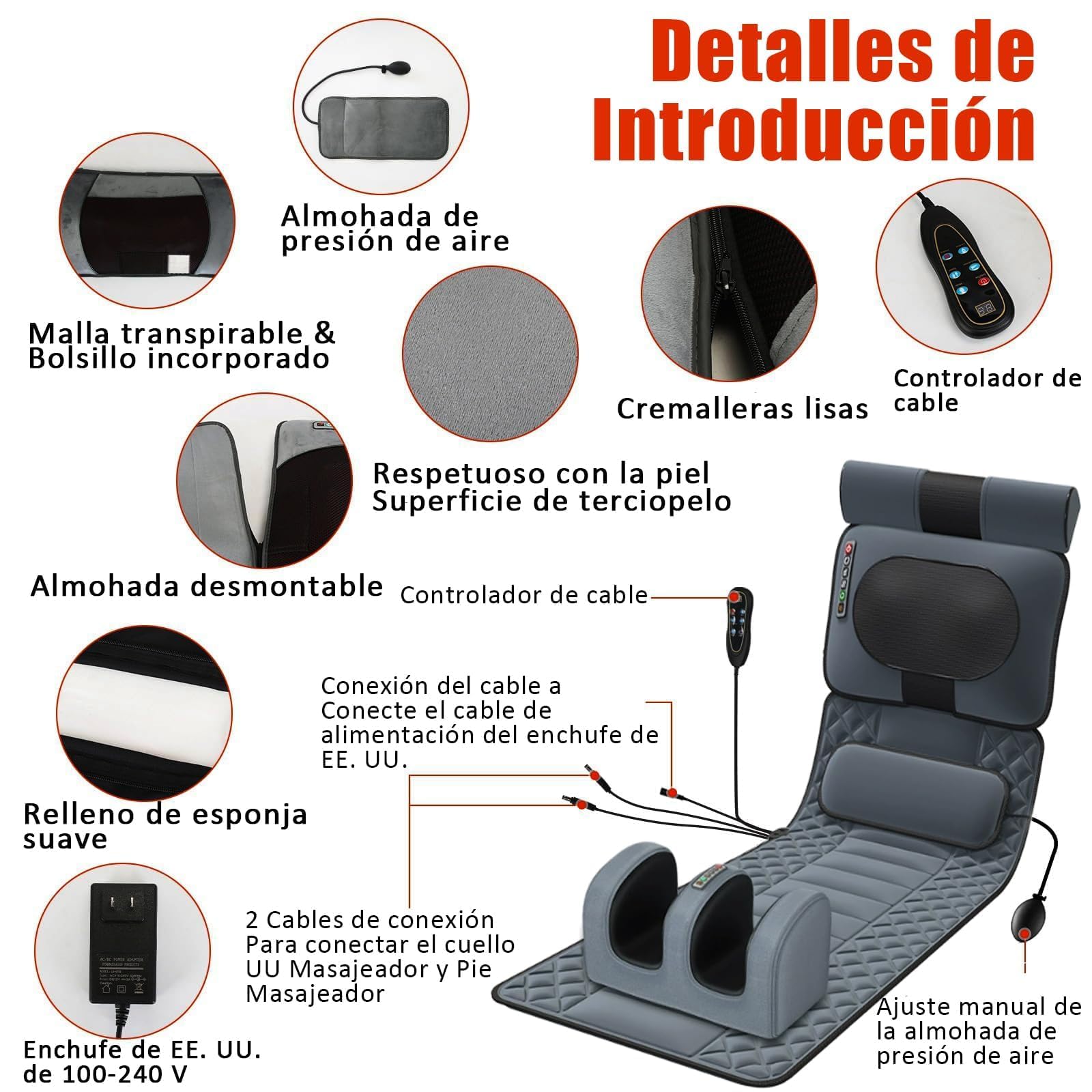 Mythya Cojín de Masaje Eléctrico, Cojín De Masaje Térmico para Todo el Cuerpo, Colchón De Masaje Vibratorio Con 20 Cabezales y Máquina Masajeadora de Pies Shiatsu Niene con 32 Nodos, Colchoneta de Masaje con Calefacción con Masajear Columna Cervical, Espa
