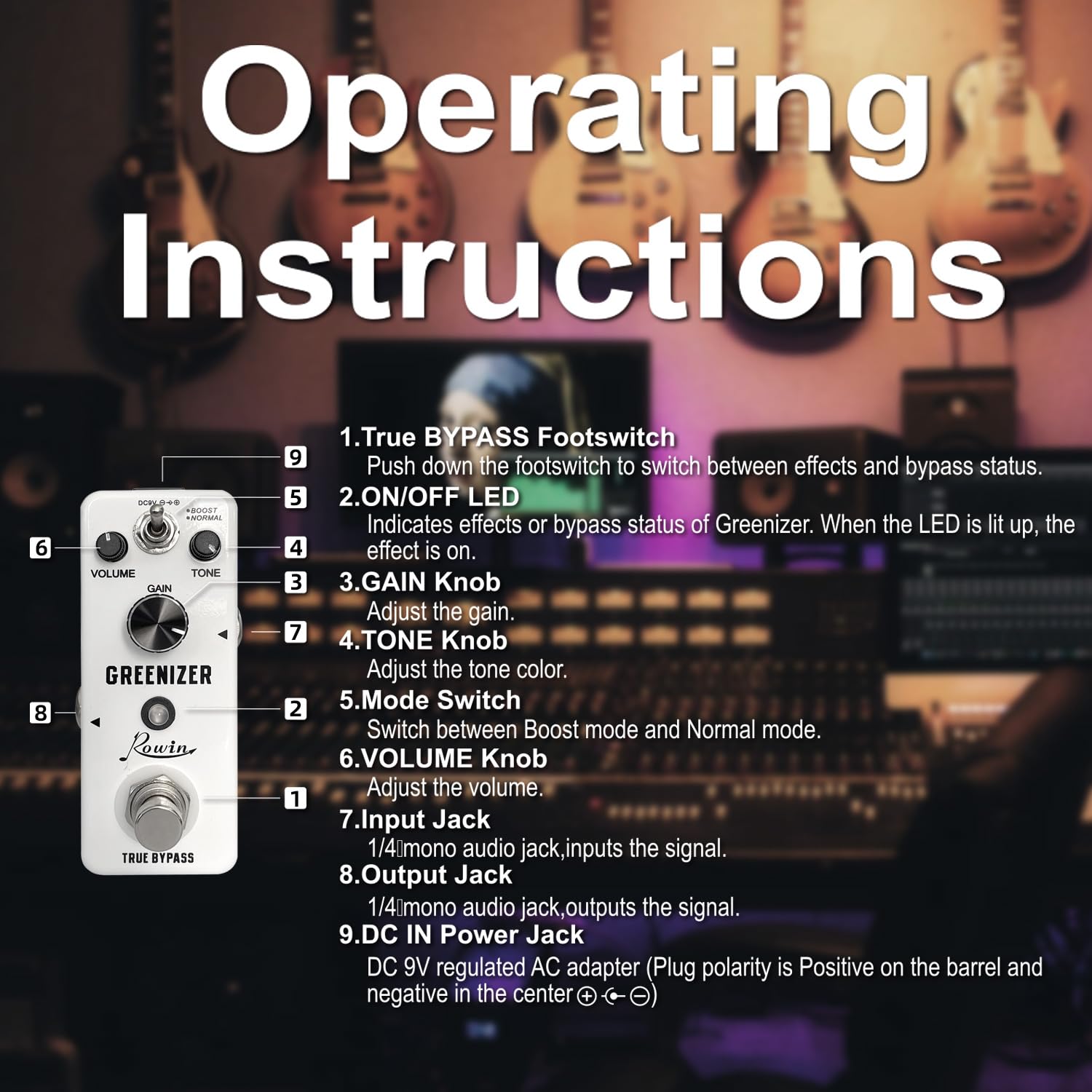 Rowin Overdrive Pedal de efecto guitarra Greenizer Mini pedal analógico tubo Scream Sound True Bypass DC 9V blanco LEF-323