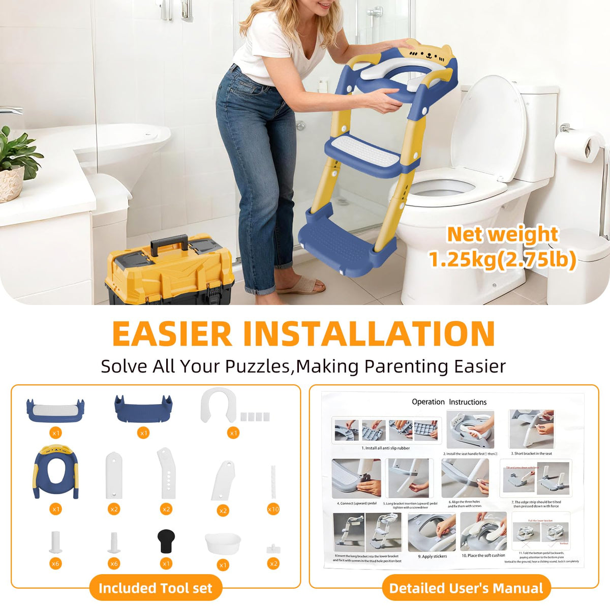 Orinal de entrenamiento BBfancy, asiento de inodoro para niños y niñas mejorado, orinal de entrenamiento 3 en 1 con escalera plegable antideslizante (Azul+Amarillo)