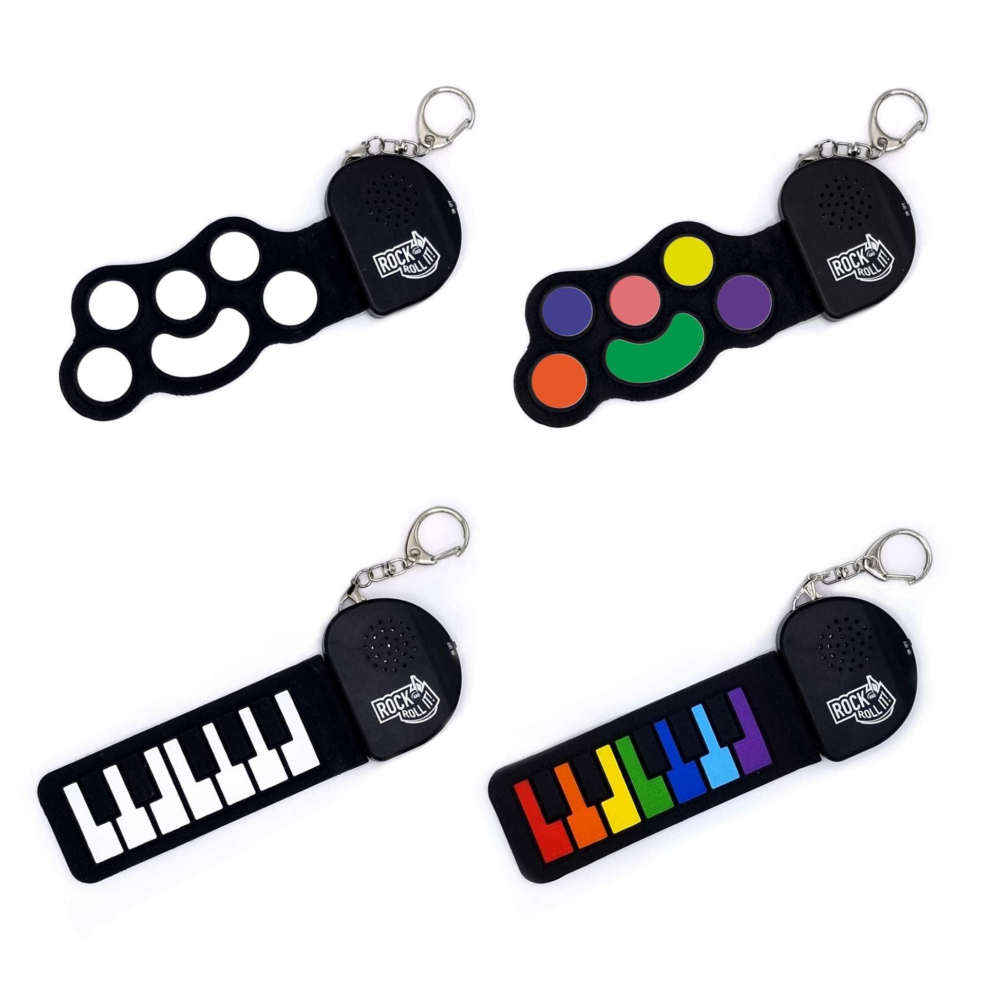 Rock and Roll It - Micro Piano. Llavero de piano de trabajo real y reproducible. Colgar en una mochila y jugar en cualquier lugar. Almohadilla de piano de dedo negro y blanco. Pequeño teclado