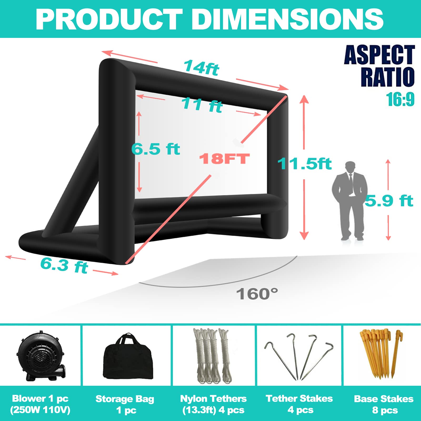 GYUEM Proyector Inflable para Exteriores de 18 pies, Pantalla de película, Paquete con Cuerda, soplador, estacas para Carpa, portátil, Ideal para Fiestas en Interiores y Exteriores