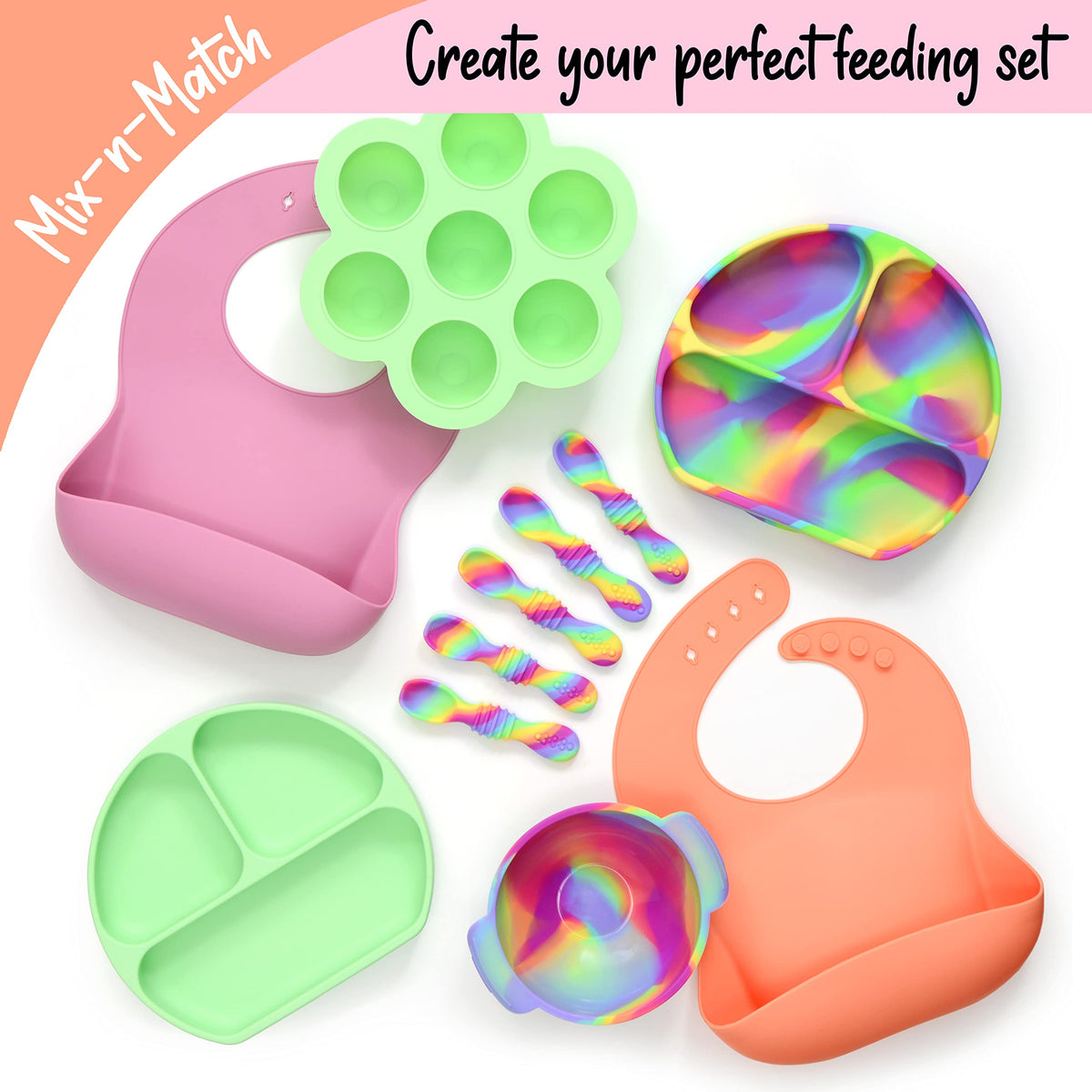 PrimaStella - Juego de tazón y cuchara de silicona irrompible antideslizante para bebés y niños pequeños (arco iris)