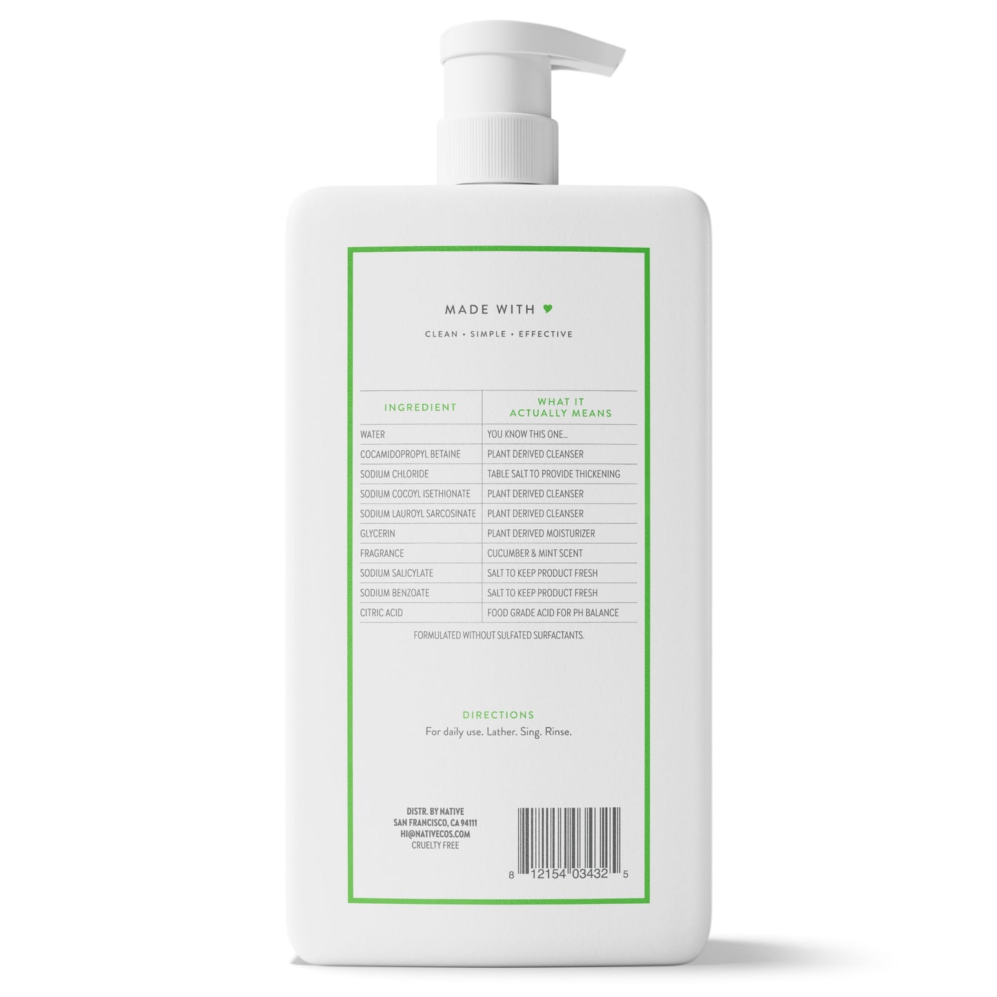 Native Body Wash for Women, Men | Sulfate Free, Paraben Free, Dye Free, with Naturally Derived Clean Ingredients, 36 oz bottle with pump - Pack of 1 (Cucumber & Mint)