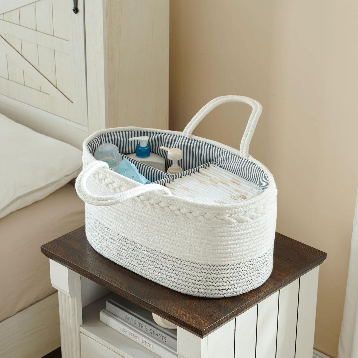 Organizador de pañales de lujo para bebé, cesta de pañales extra grande de cuerda de algodón para guardería, organizador de cambiador, bolsa portátil con divisor, almacenamiento de coche, regalos de