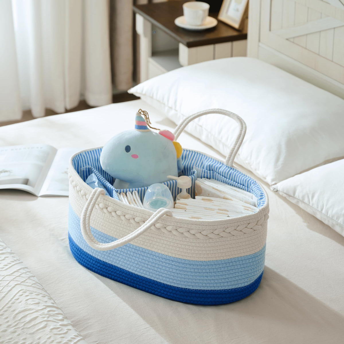 luxury little Organizador de pañales para bebé, cesta de pañales extragrande con cuerda de algodón para guardería, organizador de cambiador, bolsa portátil con divisor, almacenamiento de coche, regalos de baby