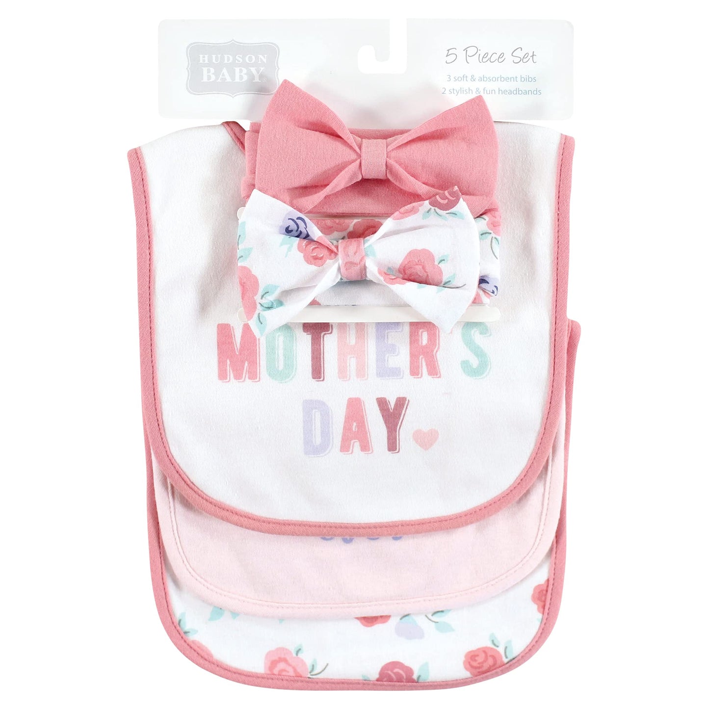 Hudson Baby Conjunto de babero y diadema de algodón para niña, día de la madre, 0-9 meses