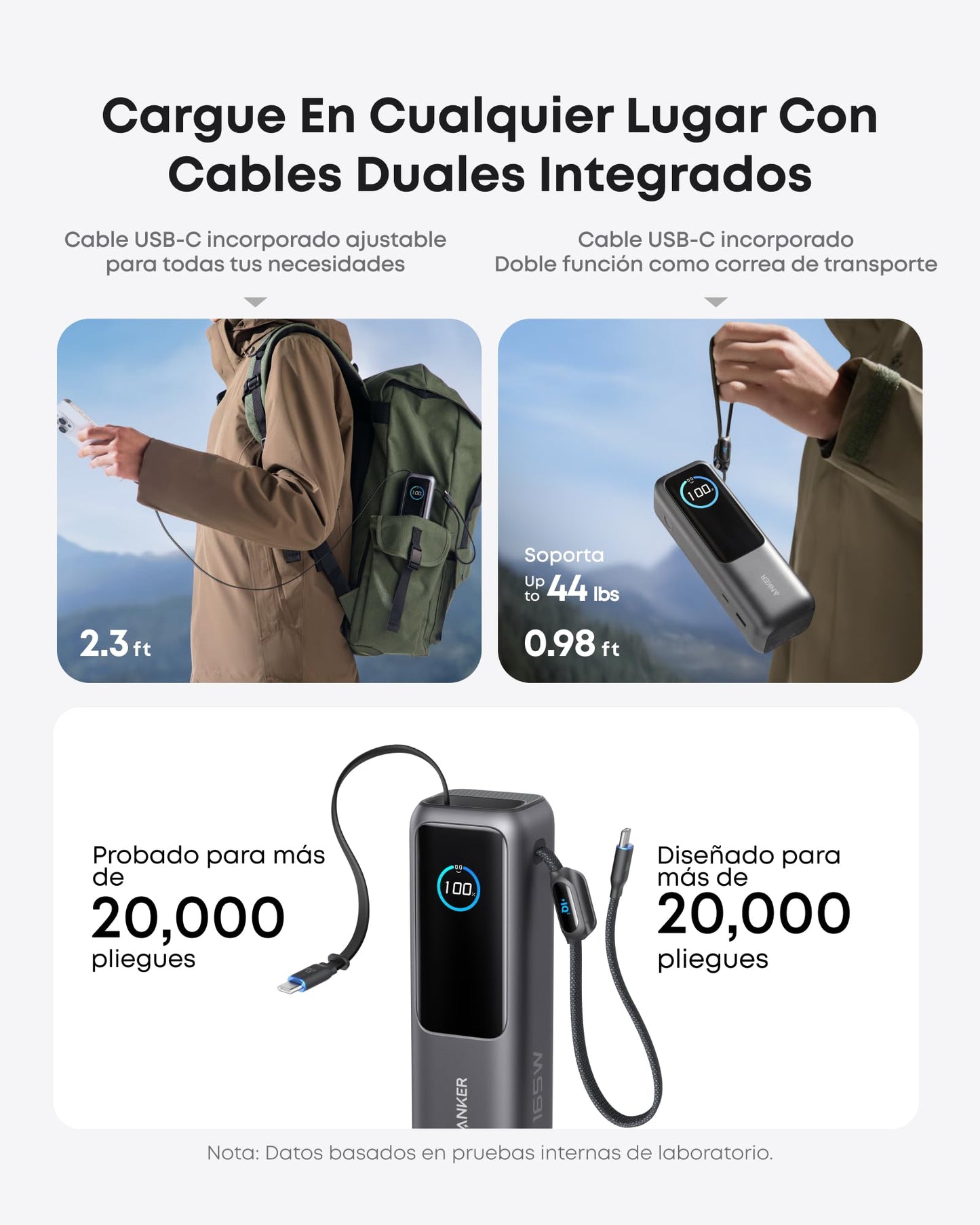 Power Bank Anker Negro 25,000 mAh con 3 Puertos USB-C 100W y Cables Integrados para Laptop y Celulares
