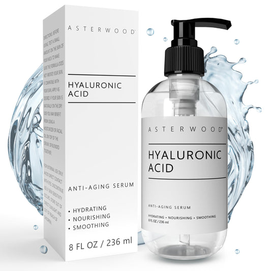Hyaluronic Acid Serum 8 oz - 100% Pure Organic HA - Anti Aging, Anti Wrinkle - Original Face Moisturizer for Dry Skin & Fine Lines - Leaves Skin Full & Plump - ASTERWOOD NATURALS - Pump Bottle