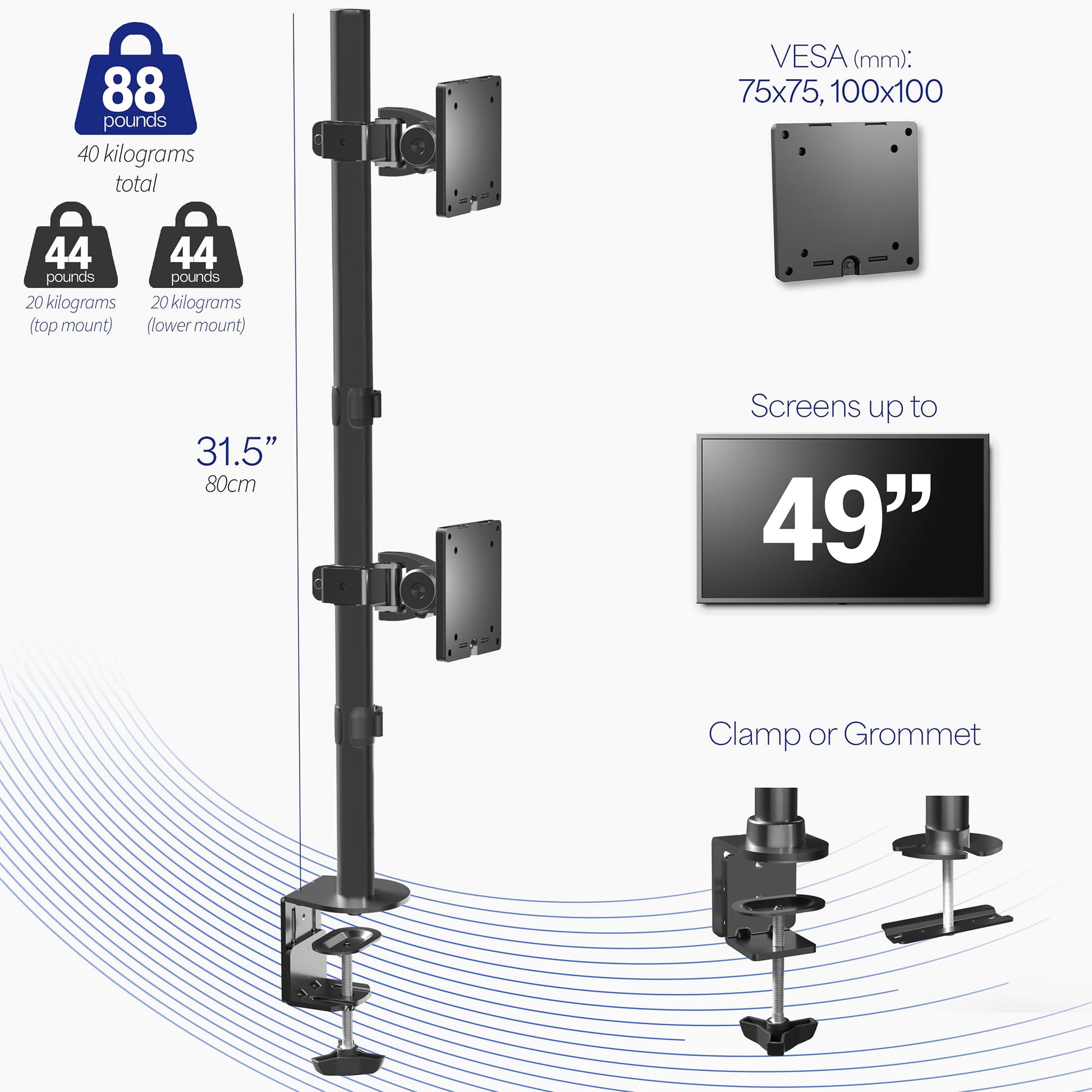 Soporte de Computadora VIVO Negro Ultra Ancho y Ajustable para Monitores Verticales Doble de Hasta 49 Pulgadas