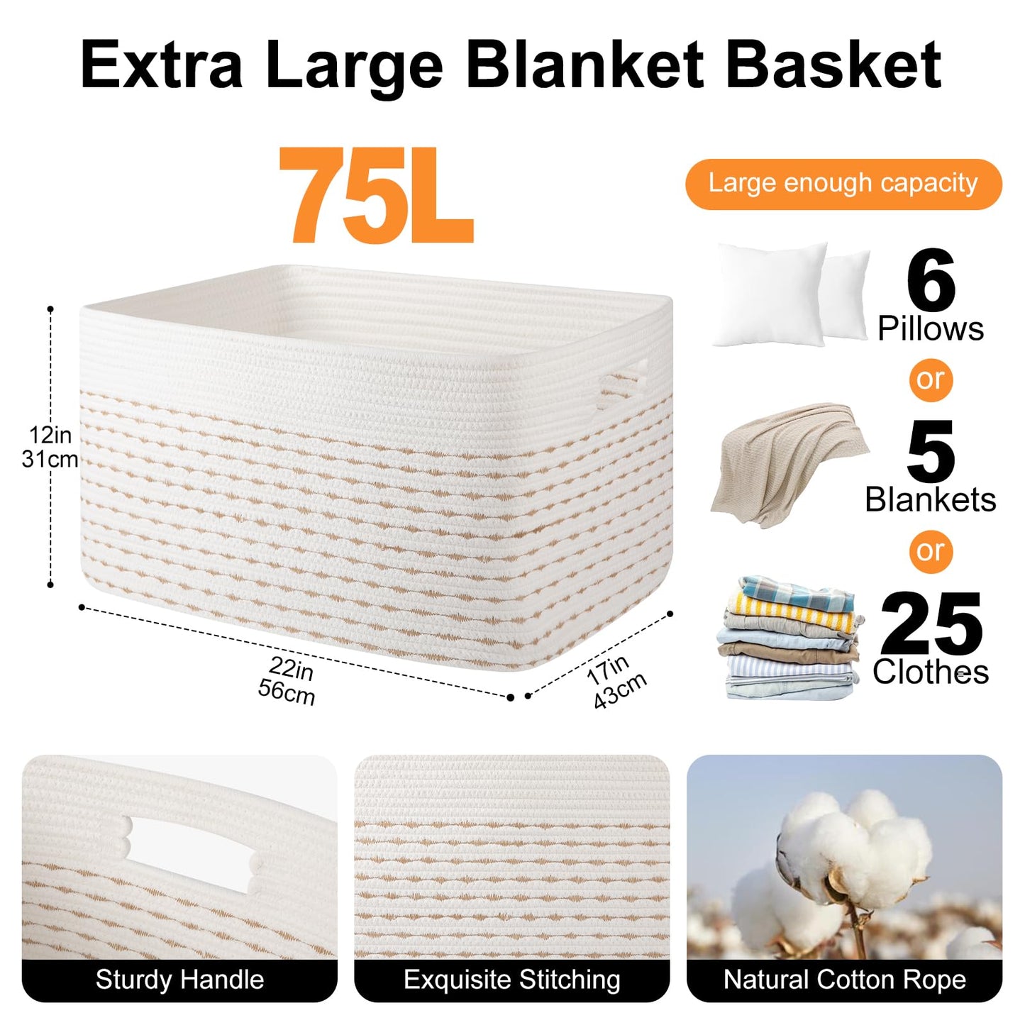 OIAHOMY - Cesta de manta de 75 l, cesta de cuerda de algodón tejida para organizar 22 x 17 x 12 pulgadas, utilizada para sala de estar, recámara, guardería, amarillo claro y blanco