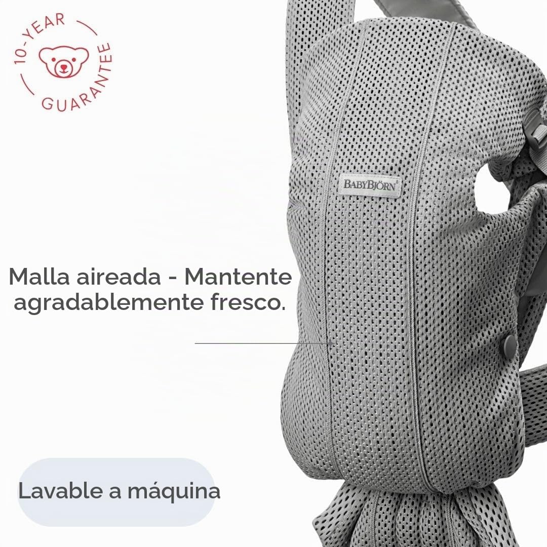 BabyBjörn Canguro Portabebé Mini, Gray, 3D Mesh | Para recién nacidos, de 0 a 12 meses (3.2–11 kg), ergonómico y fácil de usar