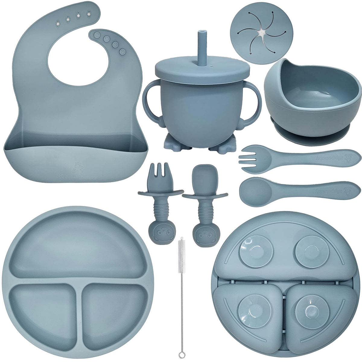 VERSAINSECT Led Weaning Supplies | 10 Piece Silicone Feeding Set | Baby Toddler Bib Cup Divided Plate and Bowl Self Feeding Spoons Dish Set | Baby Utensils | Toddler Feeding Supplies (Blue)