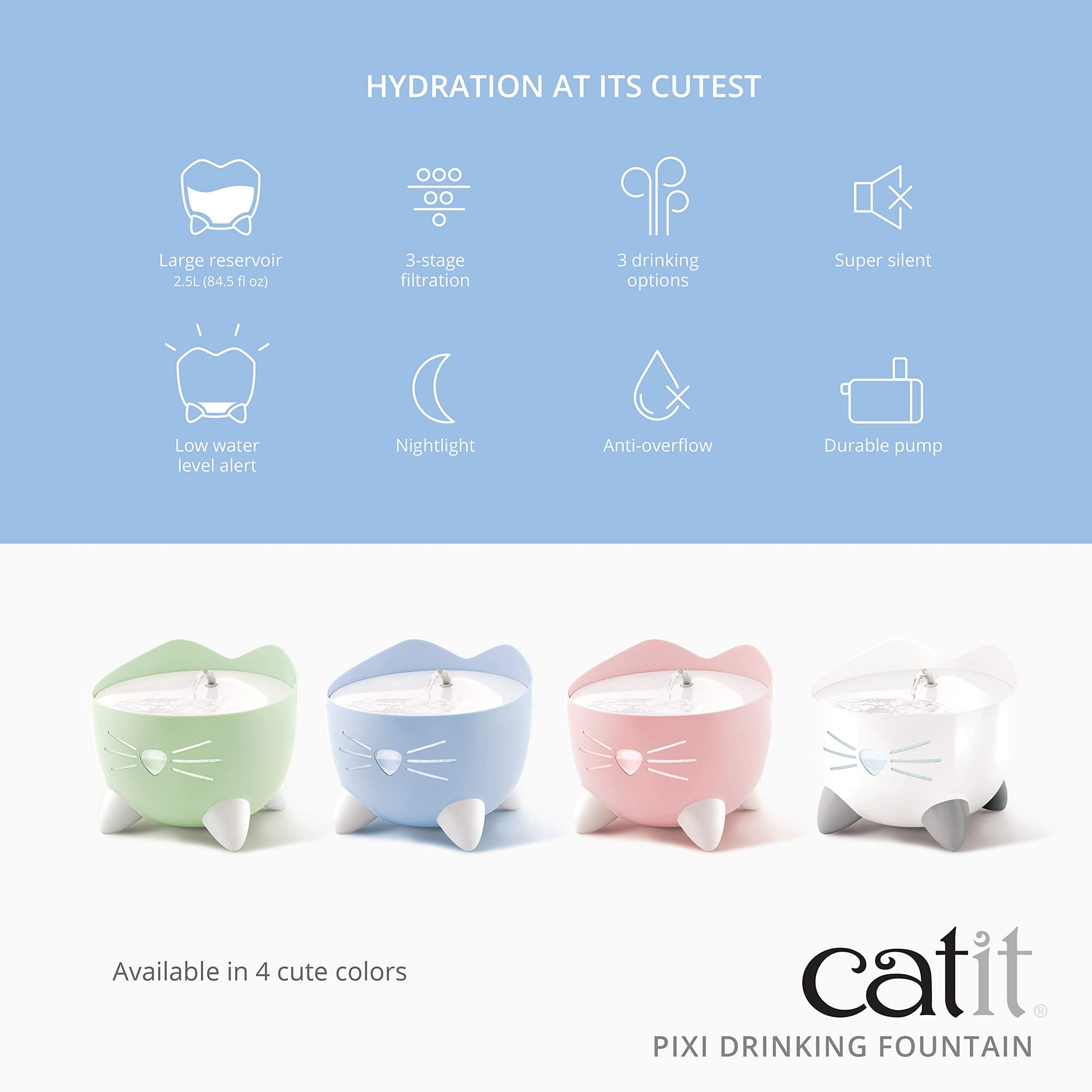 Catit PIXI - Fuente de Agua para Gatos con Triple Filtro y Opciones ergonómicas para Beber, Color Rosa