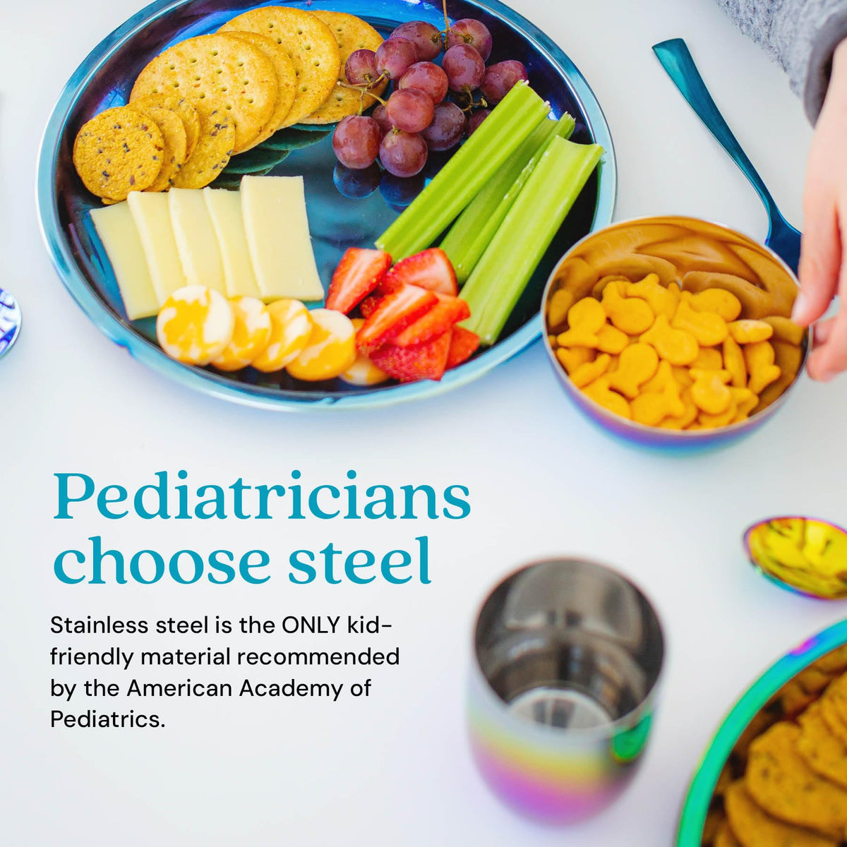 Ahimsa - Platos de acero inoxidable para niños, platos para niños pequeños, platos de cena, 100% libres de BPA y aptos para lavaplatos, plato azul (paquete de 1), PLA9-108