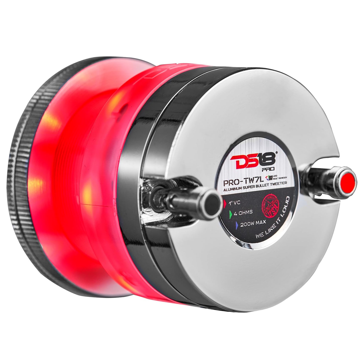 DS18 PRO-TW7L RGB Alluminum Super Bullet altavoz de agudos con imán de neodimio, bobina de voz de 1 pulgada, cuerpo de policarbonato y bala, 200 W máximo, 100 W RMS, 4 ohmios, los tweeters Crossover-PRO integrados son los mejores (1 altavoz)