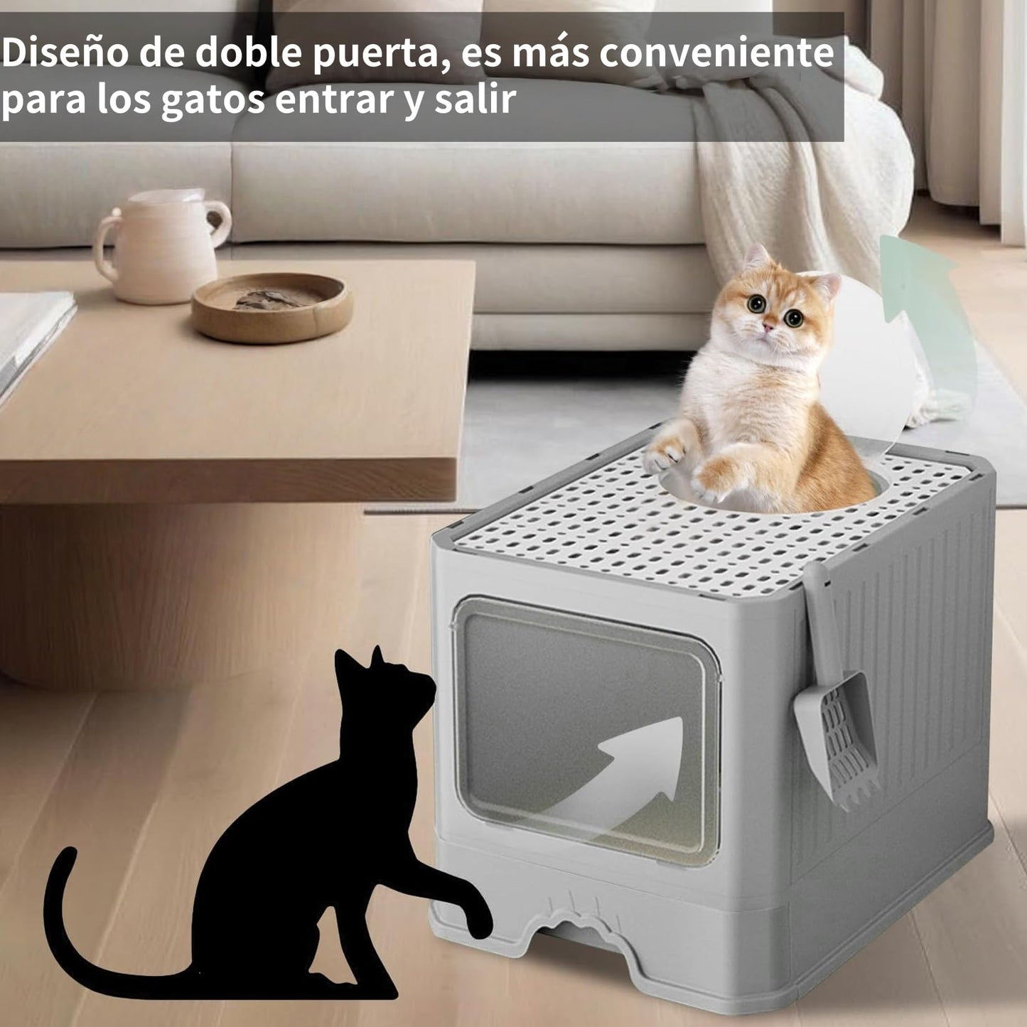 Arenero para Gato Cerrada: Removibles Plegable Arenero 50*40*40cm,Gran Caja de Arena para Gatos,Antiolor Prueba de Salpicaduras,Facil de Limpiar,con Puertas y Entradas Cubiertas Incluye Pala (Gris)