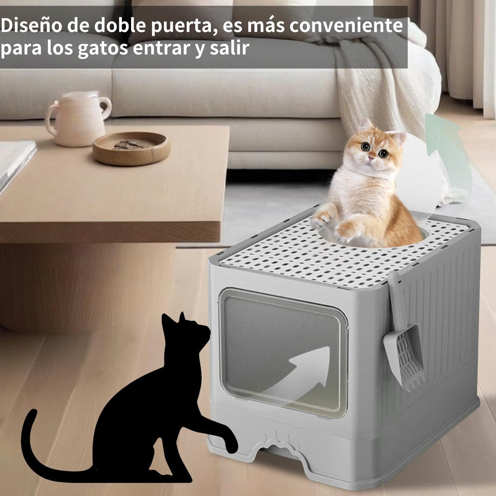 Arenero para Gato Cerrada: Removibles Plegable Arenero 50*40*40cm,Gran Caja de Arena para Gatos,Antiolor Prueba de Salpicaduras,Facil de Limpiar,con Puertas y Entradas Cubiertas Incluye Pala (Gris)