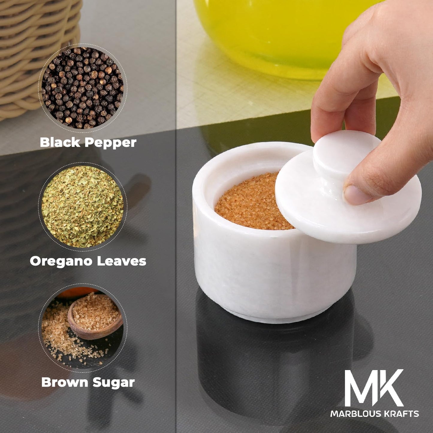 MARBLOUS KRAFTS - Sal única de mármol de 3 pulgadas con tapa, cuencos de sal y pimienta hechos a mano, cuencos ideales para azúcar, sal y pimienta para almacenamiento de cocina.