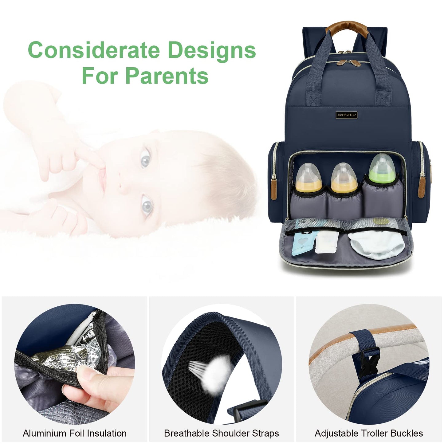 WITSTEP - Mochila para pañales con estación de cambio, organizador de pañales para bebés, para mamás, papás, bolsas grandes para cambiar de bebé, Azul, Bolsa de pañales con cambiador