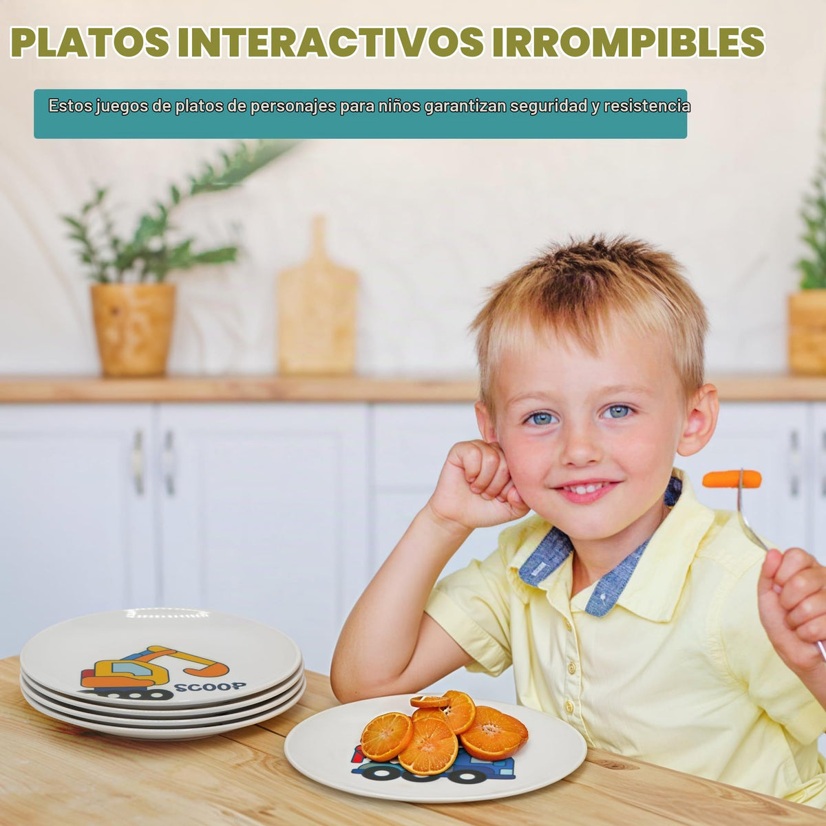 4E's Novelty - Juego de 4 platos de melamina para niños, juego de platos de construcción para niños pequeños, juego de vajilla de personaje de camión con diversión y alegría, sin BPA, vajilla de
