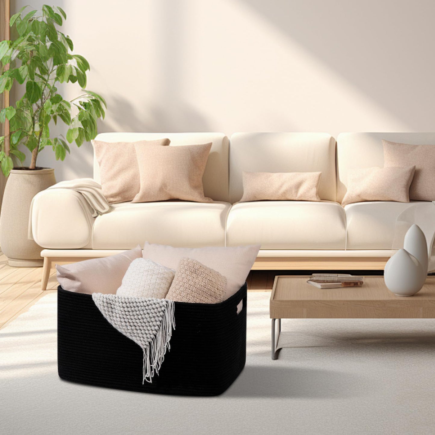 OIAHOMY - Cesta grande de 75 litros, cestas de almacenamiento con asa, cesta rectangular de cuerda de algodón tela, cubos organizadores de juguetes, 22 x 17 x 12 pulgadas, color negro carbón