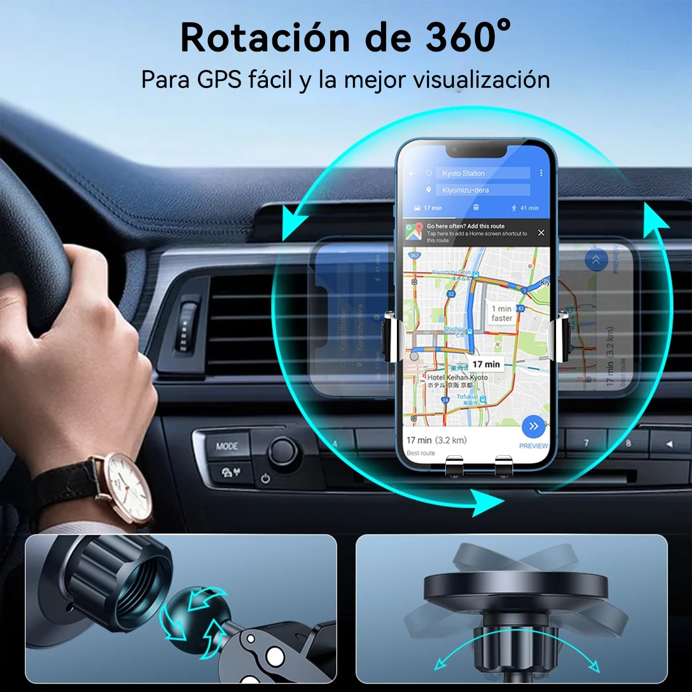 Soporte Celular Auto Giratorio 360° con Gancho Metálico y Botón Liberación para iPhone Galaxy Xiaomi Huawei 4.7"-6.5"