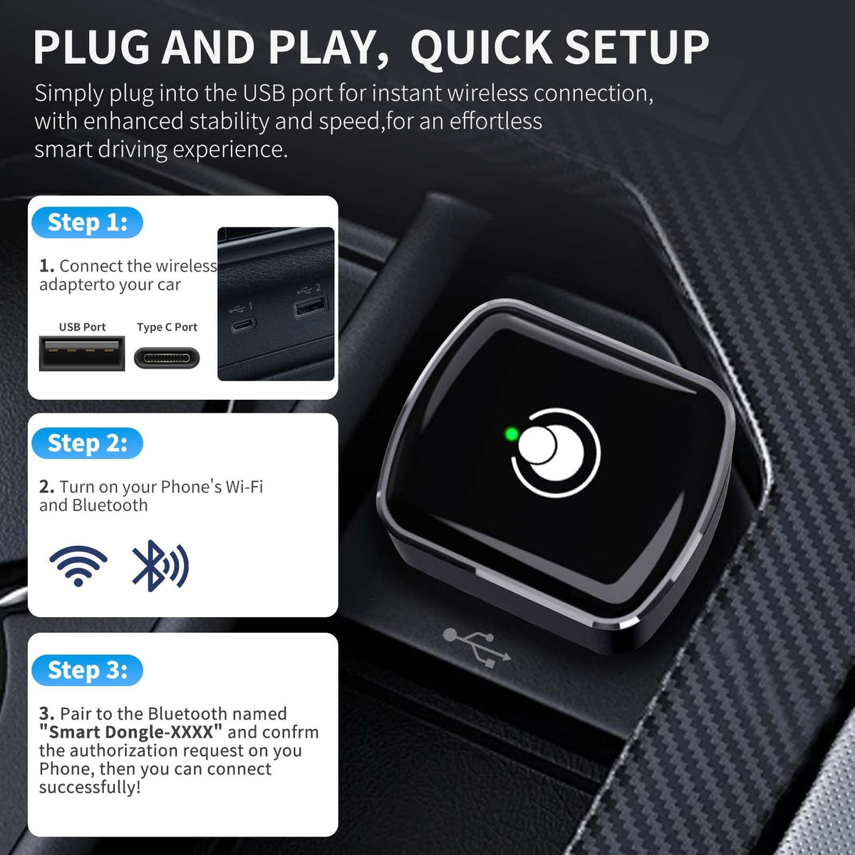 Adaptador Inalámbrico Exión Rápida a 5.8 GHz para iPhone y Android con Puerto USB y USB C