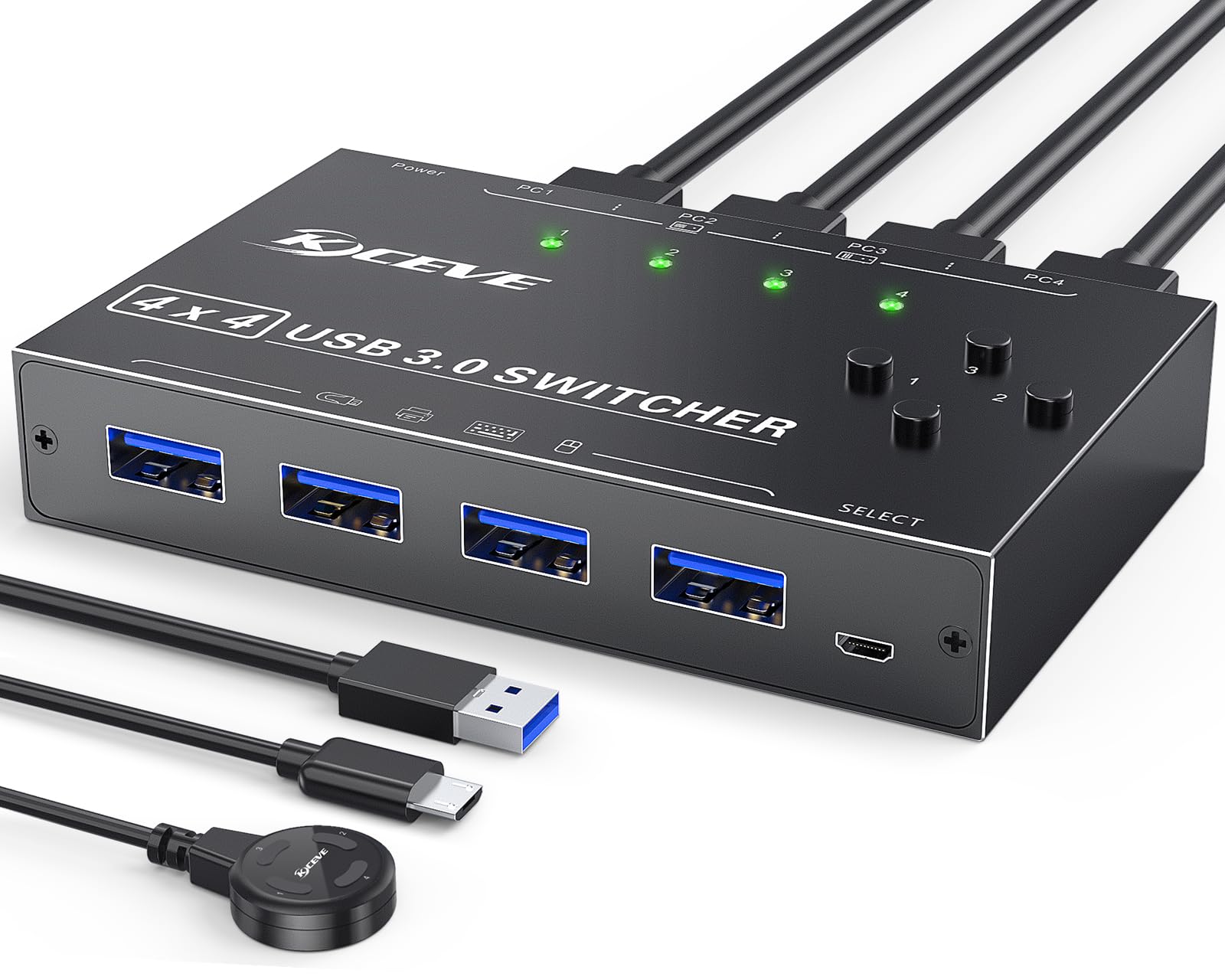 Interruptor USB 3.0, conmutador USB 4 computadoras que comparten 4 dispositivos USB, conmutador periférico USB para teclado, mouse, impresora, escáner, con botón remoto con cable y 4 cables USB 3.0