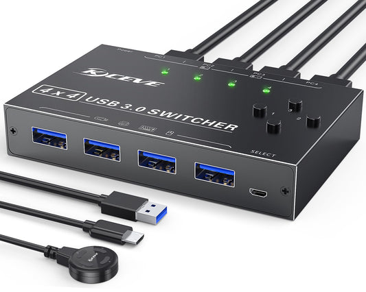 Interruptor USB 3.0, conmutador USB 4 computadoras que comparten 4 dispositivos USB, conmutador periférico USB para teclado, mouse, impresora, escáner, con botón remoto con cable y 4 cables USB 3.0