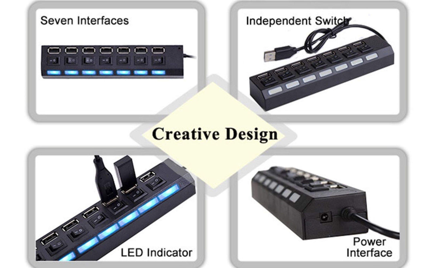 ELE-Gate | Hub USB 7 Puertos | con Switch Individual por Puerto | Conexión Estable y Rápida | Color Negro