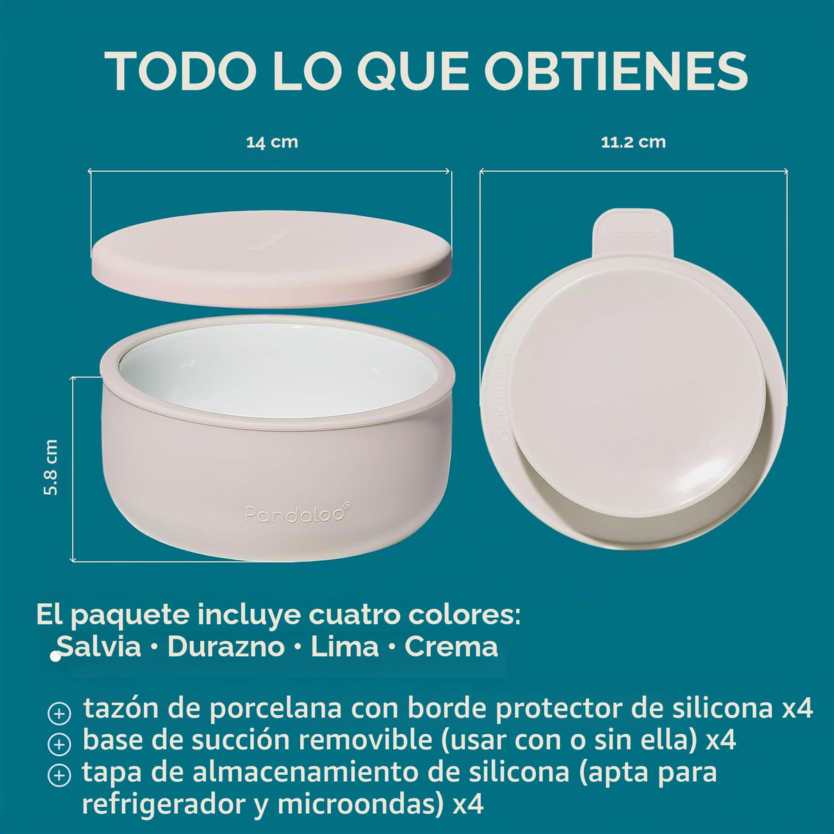 Pandaloo - Cuencos de porcelana para niños con funda y tapa de silicona extraíble, base de succión fuerte, apto para microondas y lavavajillas, a prueba de niños pequeños, cuencos de alimentación de