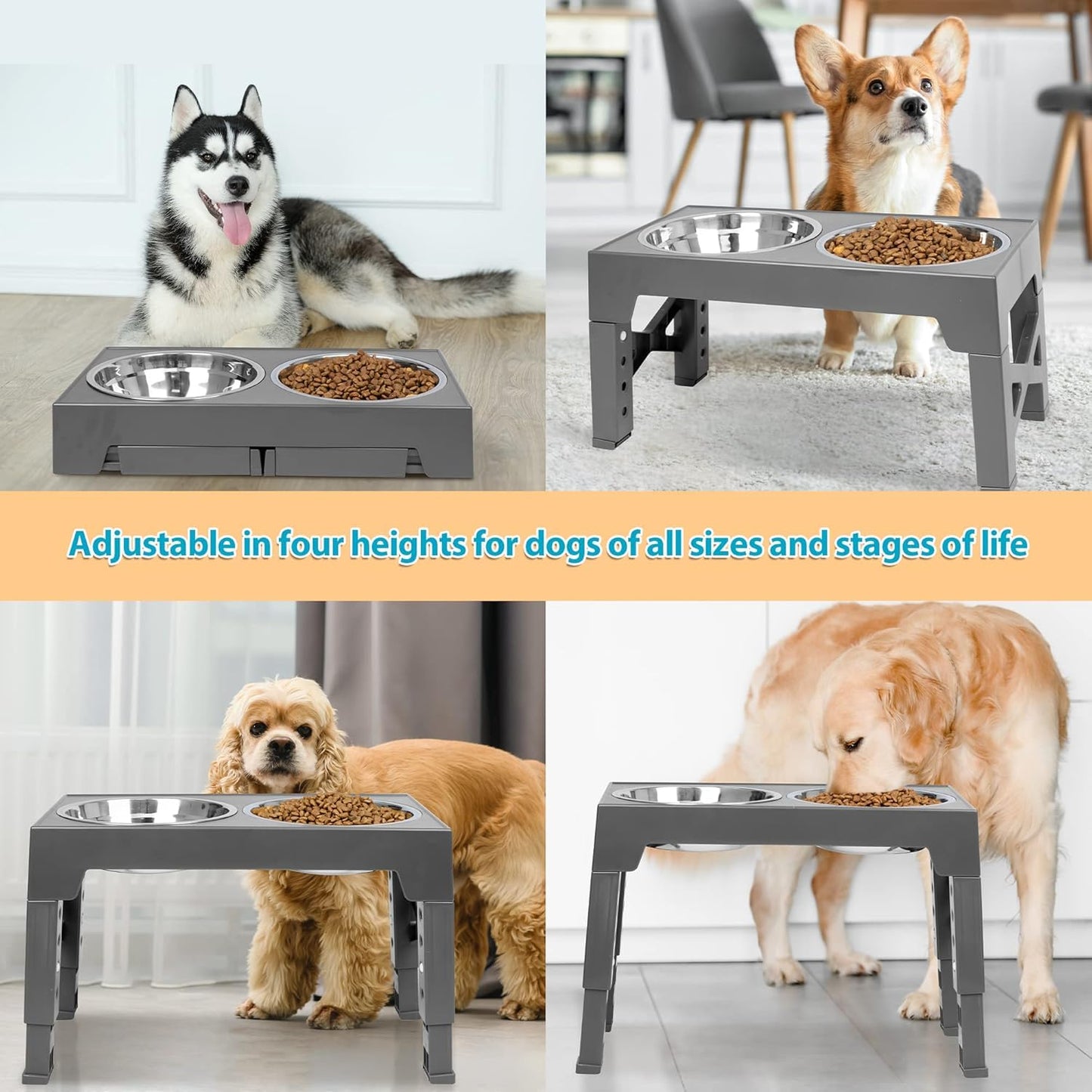 Niubya - Cuencos elevados para Perros con 2 Cuencos de Acero Inoxidable, tazón Elevado para Perros Que se Ajusta a 5 Alturas (3.1 Pulgadas, 8.6 Pulgadas, 9.7 Pulgadas, 11.0 Pulgadas, 12.2 Pulgadas)