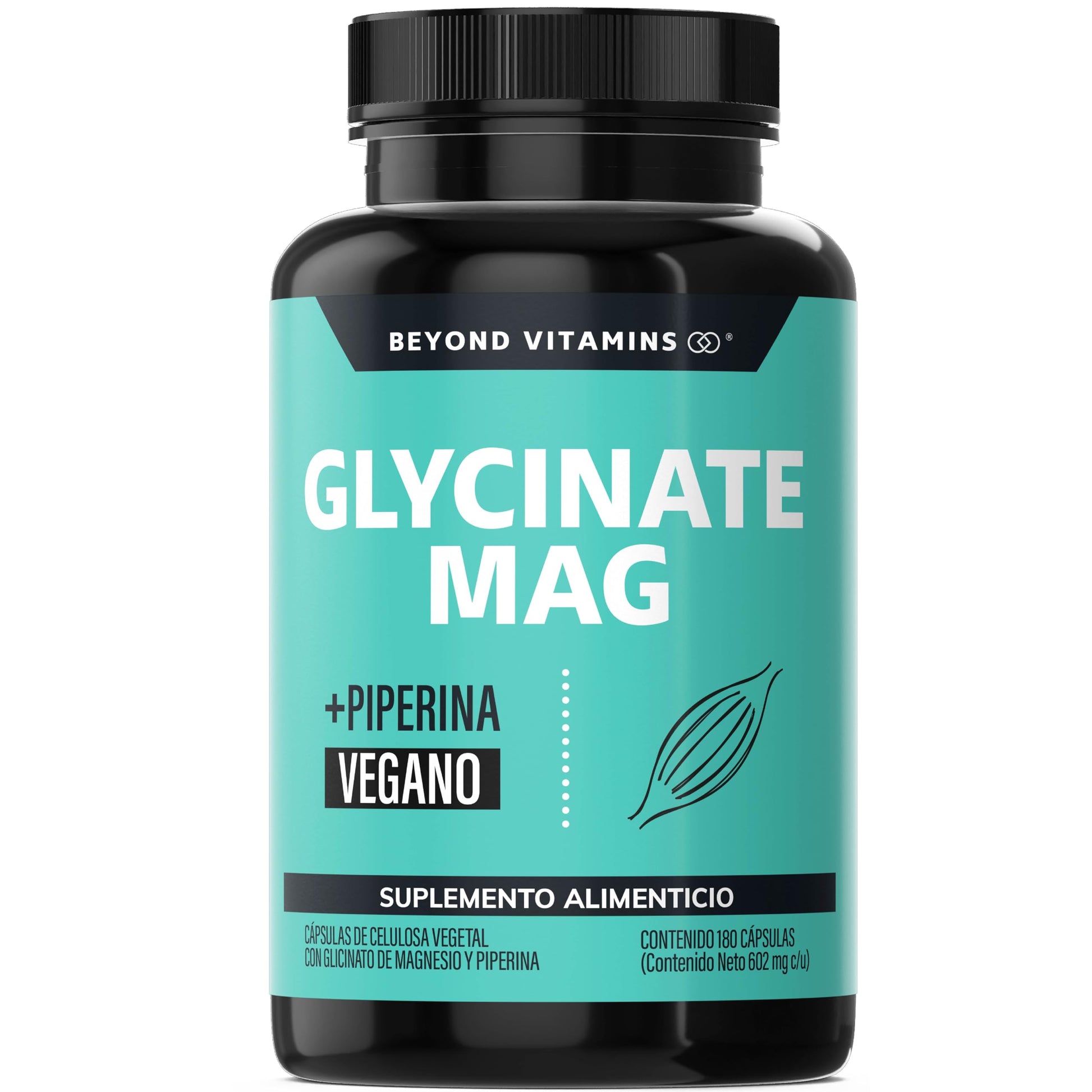 Glicinato de Magnesio Quelado | 20-100% mayor aporte de Magnesio por porción | Fortalecido con Piperina al 95% para mejor biodisponibilidad | 2400mg Glycinate Magnesium Beyond Vitamins | Suplemento Alimenticio Vegano - Ingredientes NON GMO (180 Cápsulas)