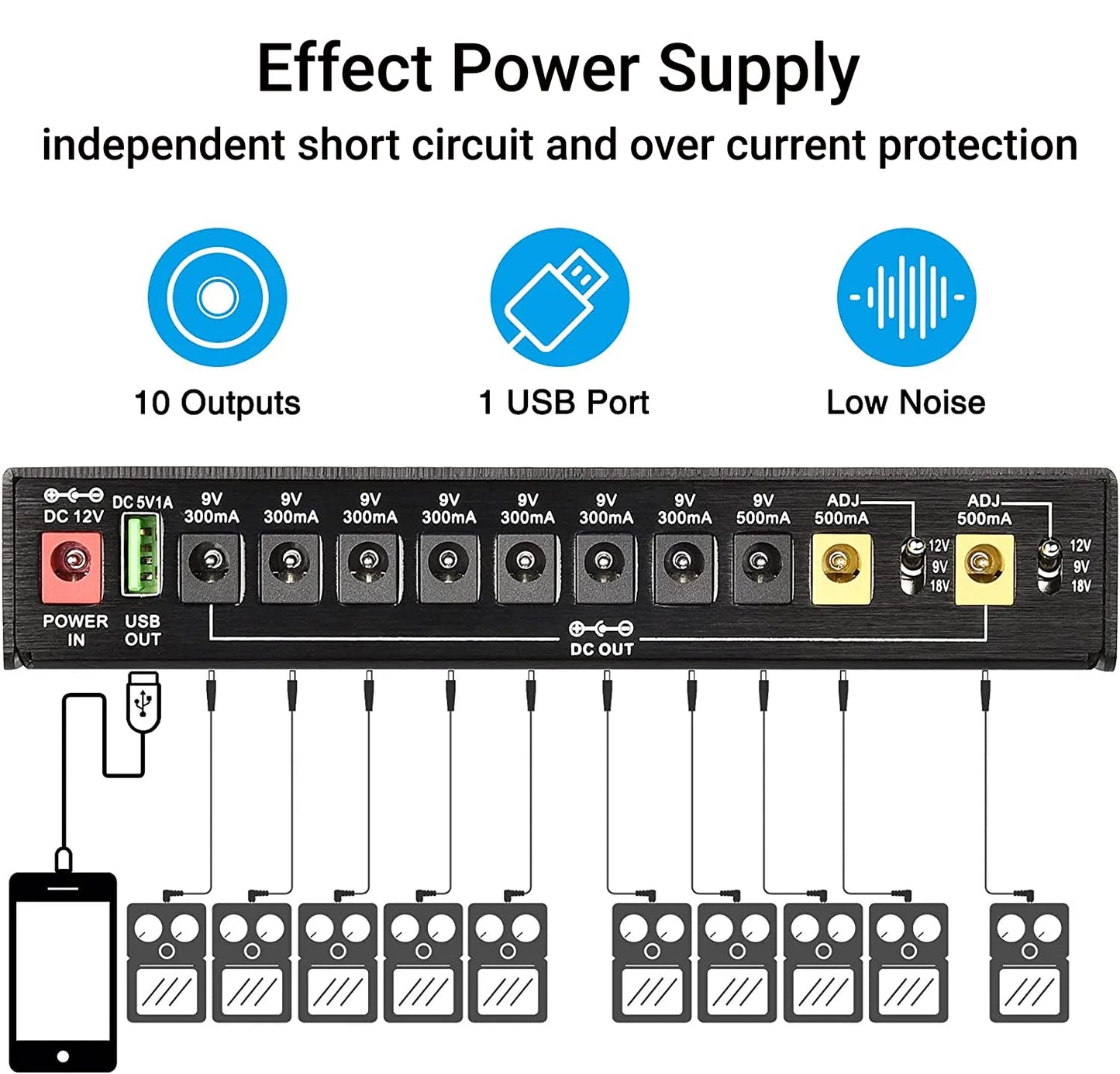 Fuente de Alimentación para Pedal de Guitarra LiebeWH, 10 Pedales de Guitarra de Salida Aislada, Potencia de Pedal de Efecto de Guitarra Múltiple con 2 Voltajes Ajustables(US Plug 100‑240V)
