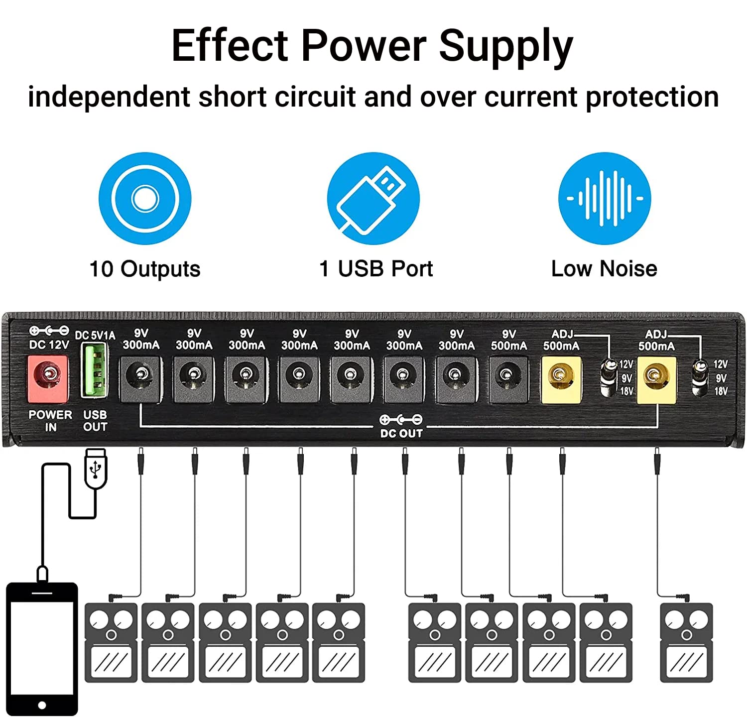Fuente de Alimentación para Pedal de Guitarra LiebeWH, 10 Pedales de Guitarra de Salida Aislada, Potencia de Pedal de Efecto de Guitarra Múltiple con 2 Voltajes Ajustables(US Plug 100‑240V)