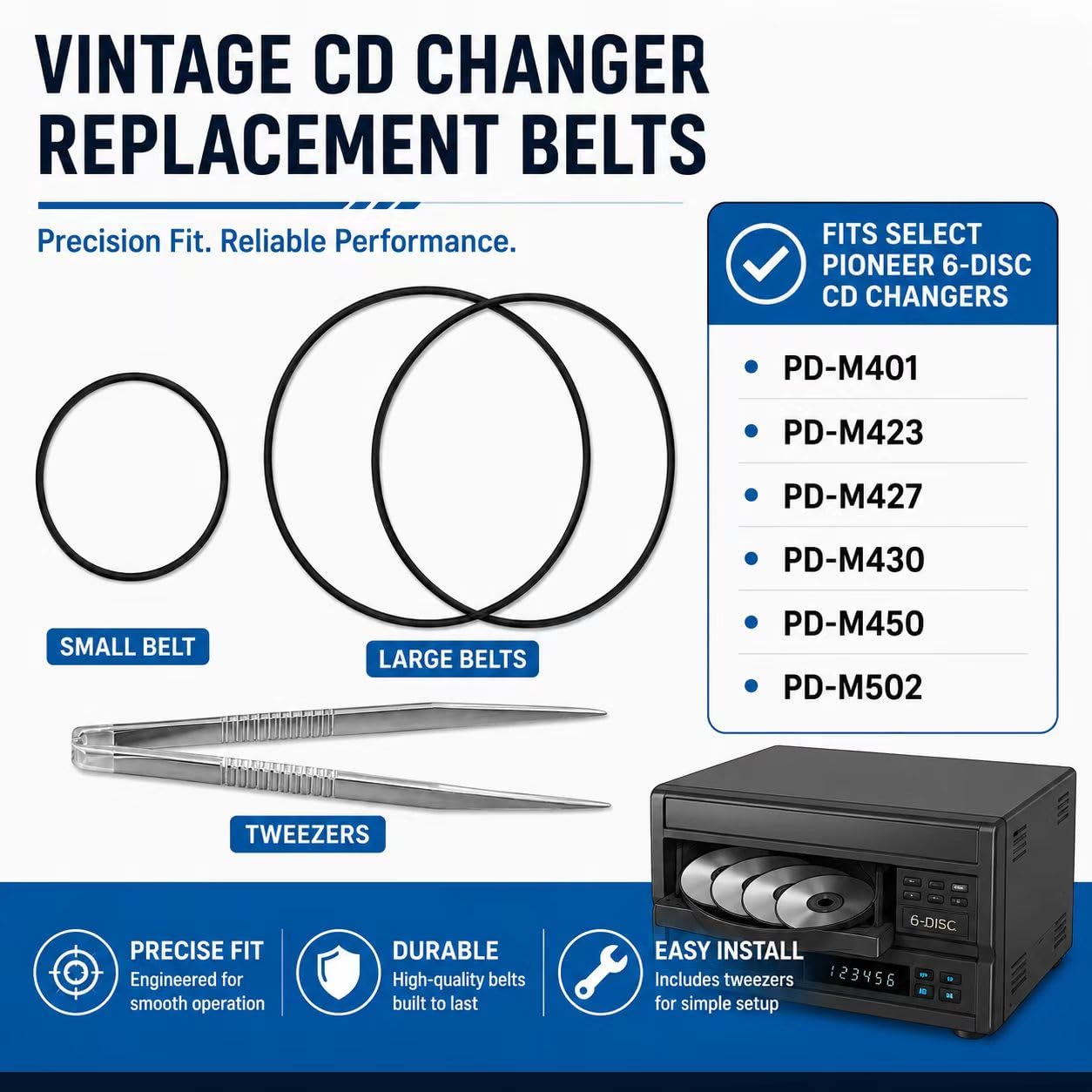 Correas de repuesto para cambiador de CD clásico, 2 piezas para Pioneer PD-M401 PD-M423 PD-M427 PD-M430 PD-M450 PD-M502 6 discos