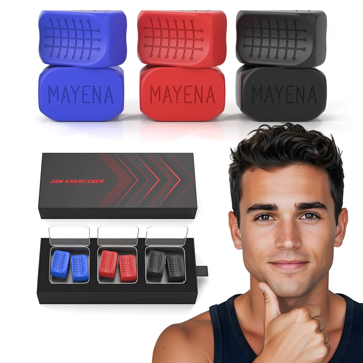 Mayena Sports Ejercitador de mandíbula para hombres y mujeres | 3 niveles de resistencia tabletas de silicona para ejercitar la mandíbula | Modelo mejorado de fuerza central | Potente entrenador de m