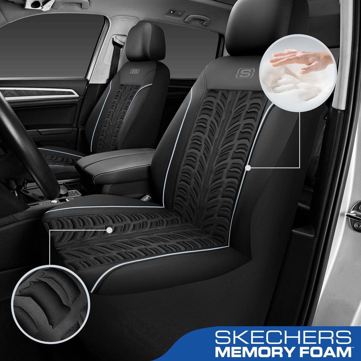 Skechers - Fundas de asiento Slip-Ins de espuma viscoelástica 3D, fundas de asiento de coche de piel en relieve, compatible con bolsas de aire, universal para la mayoría de coches, furgonetas