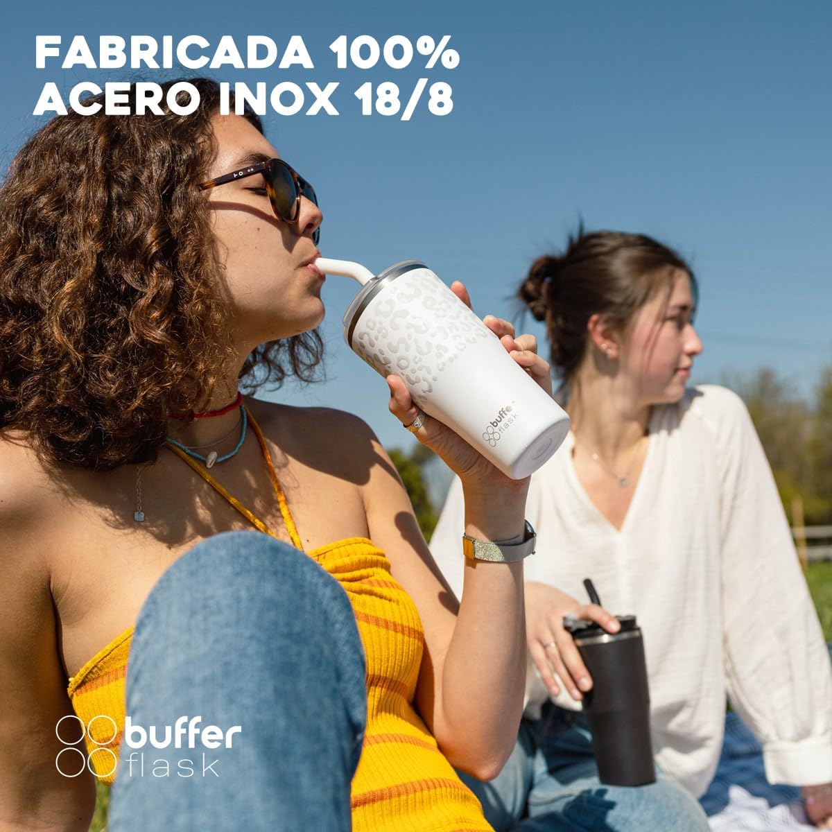Buffer Flask - Vaso Térmico 600 ml - Termo para Café y Agua de Acero Inoxidable - Tapa Anti Derrame y Fugas - Taza Tumbler Mug para Bebidas Frías y Calientes - Incluye Popote - Color Leopardo Blanco