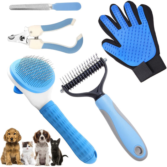 Cepillo para Perros y Gatos, 5 en 1 Herramientas de Aseo para Mascotas, Cepillos para Pelo Largo y Corto, Peine de Limpieza, Cepillo de Desprendimiento, Cortaúñas, Especializado para Depilación Masaje y Peinado, Azul