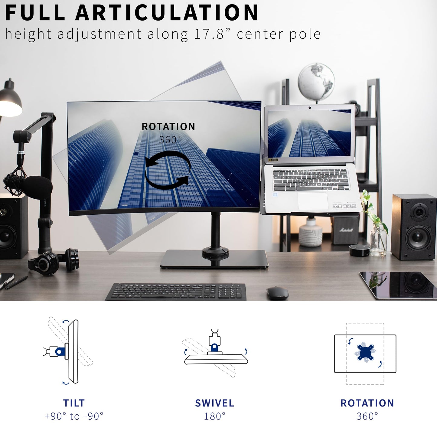 Soporte para Monitor y Portátil Vivo Negro con Base de Vidrio, Adaptable hasta 32 Pulgadas
