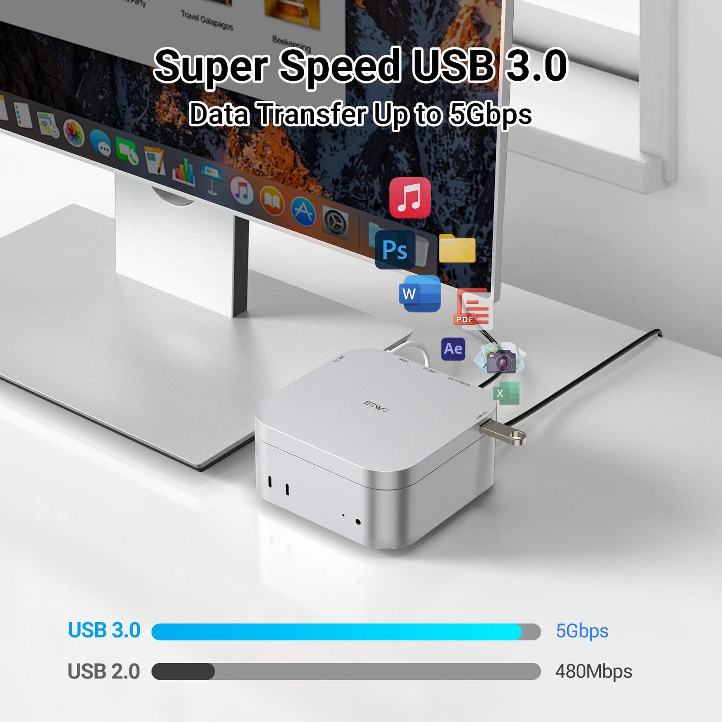 JESWO 6 en 1 Mac Mini M4 Hub para Mac Mini M4/Pro 2024 con HDMI 4K 60Hz, 3 Puertos USB 3.0, Lectores de Tarjetas Micro SD/SD