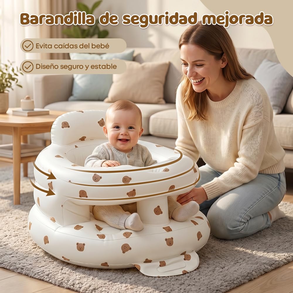 Asiento Inflable Circundante para Bebés, Respaldo Inflable Sofá, Silla Inflable Plegable, Bomba De Aire Incorporada y Bandeja, Adecuado Para Que Los Niños Coman Y Se Bañen (Oso Pardo)