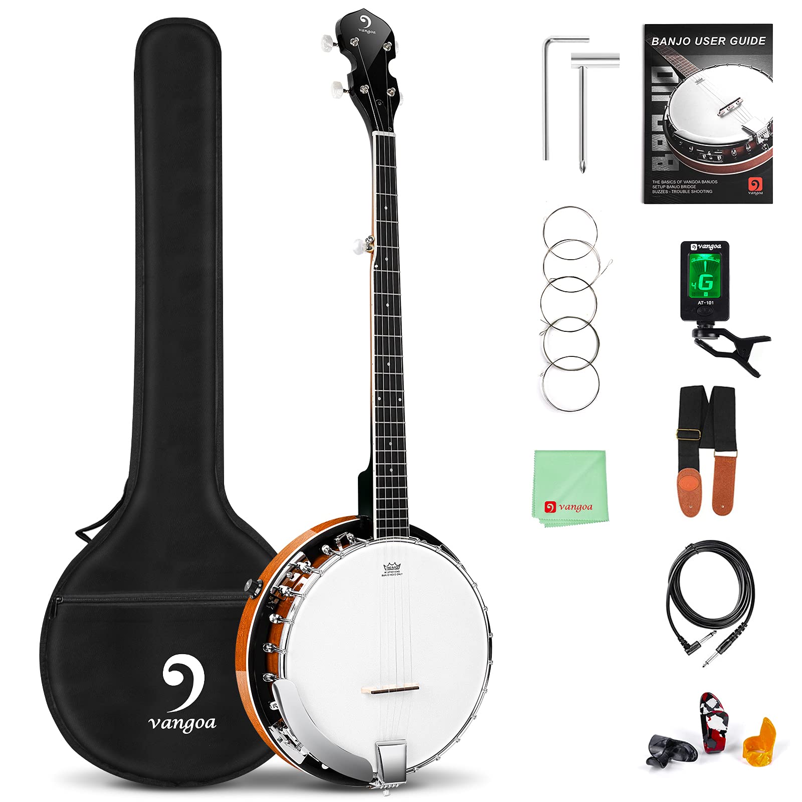Vangoa Banjo - Juego de 5 cuerdas y acústicos eléctricos de tamaño completo con cabeza de retorno de caoba, cabeza de retorno, banjoe, 24 soportes con 5ª clavijas para principiantes y adultos